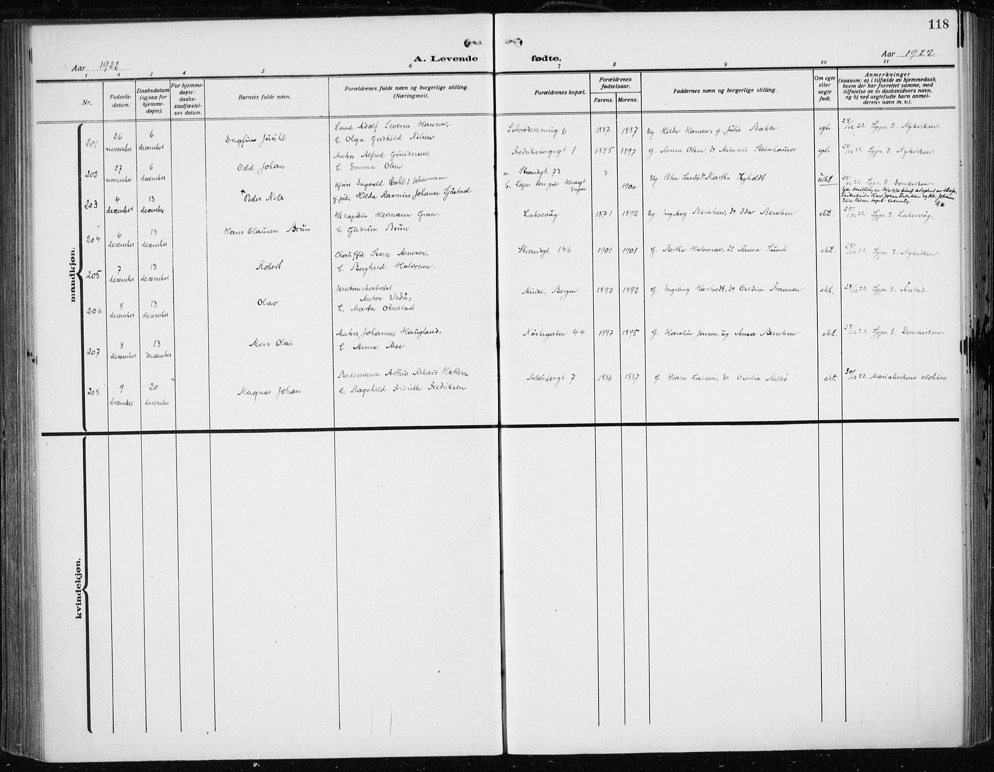 Fødselsstiftelsens sokneprestembete*, SAB/-: Parish register (official) no. A 5, 1918-1926, p. 118