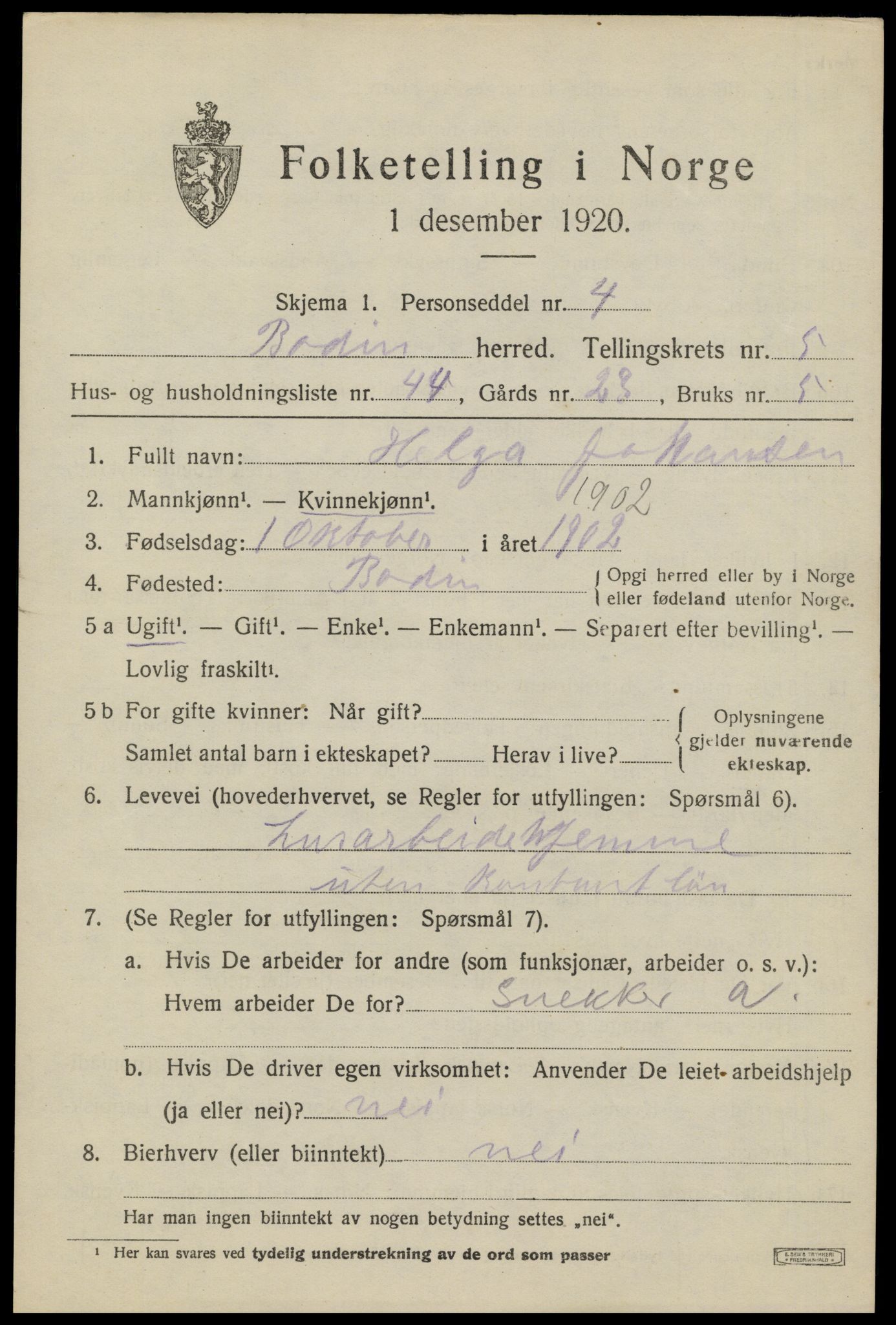 SAT, 1920 census for Bodin, 1920, p. 3444