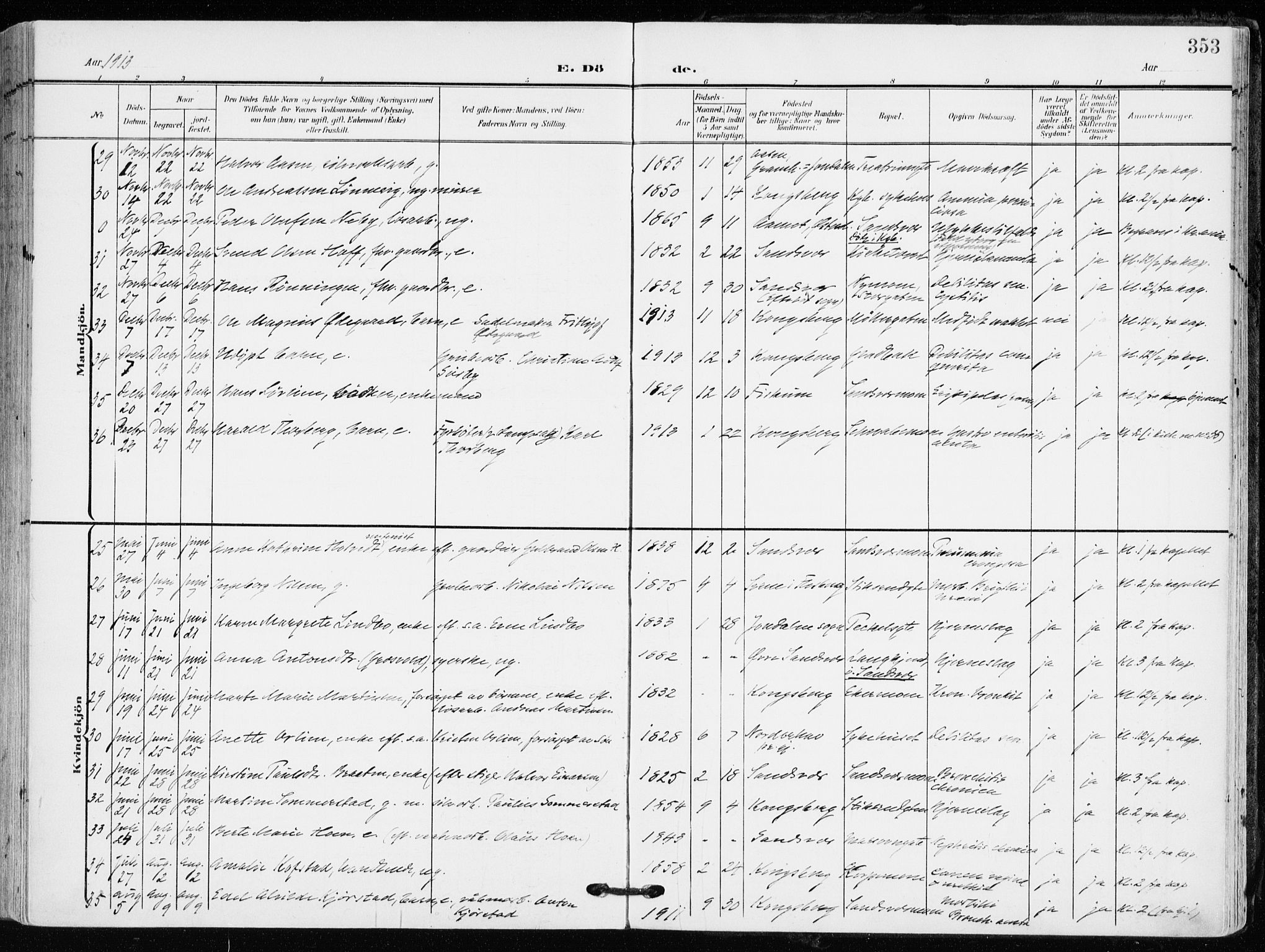 Kongsberg kirkebøker, AV/SAKO-A-22/F/Fb/L0004: Parish register (official) no. II 4, 1906-1918, p. 353