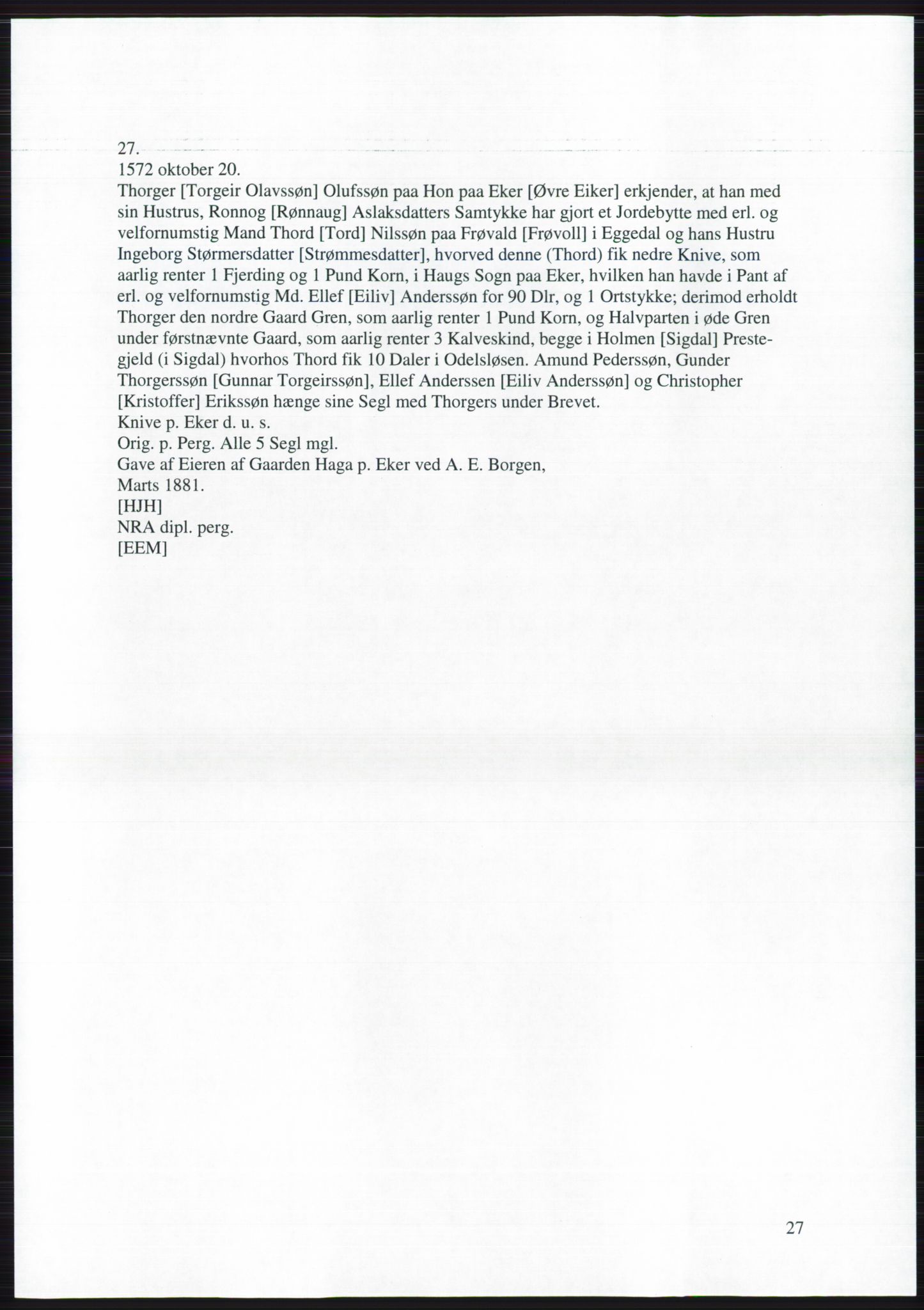 Riksarkivets diplomsamling, AV/RA-EA-5965, 1572-1581, p. 27