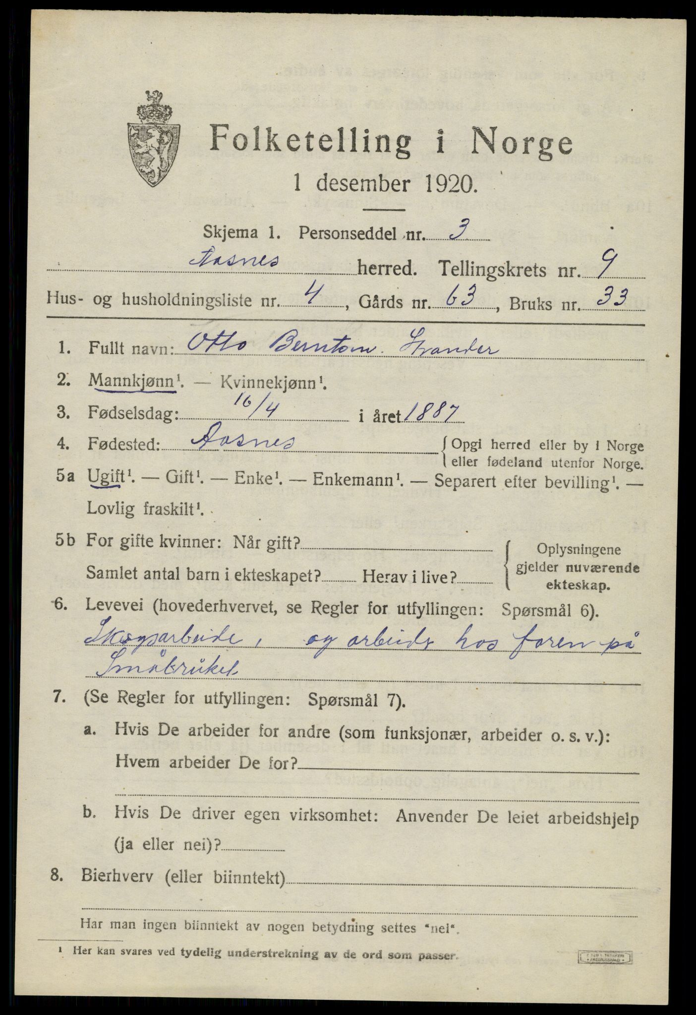 SAH, 1920 census for Åsnes, 1920, p. 9838