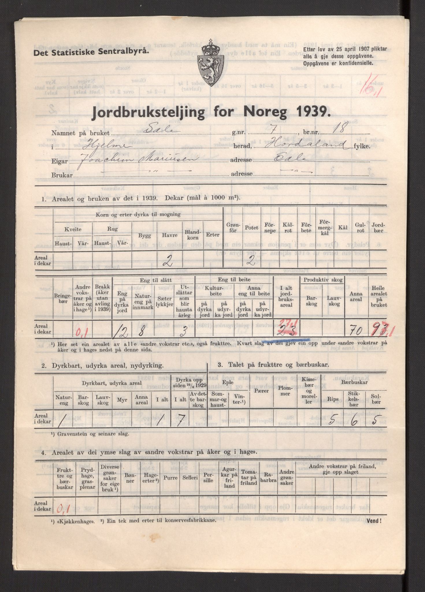 Statistisk sentralbyrå, Næringsøkonomiske emner, Jordbruk, skogbruk, jakt, fiske og fangst, AV/RA-S-2234/G/Gb/L0211: Hordaland: Herdla, Hjelme og Manger, 1939, p. 1367