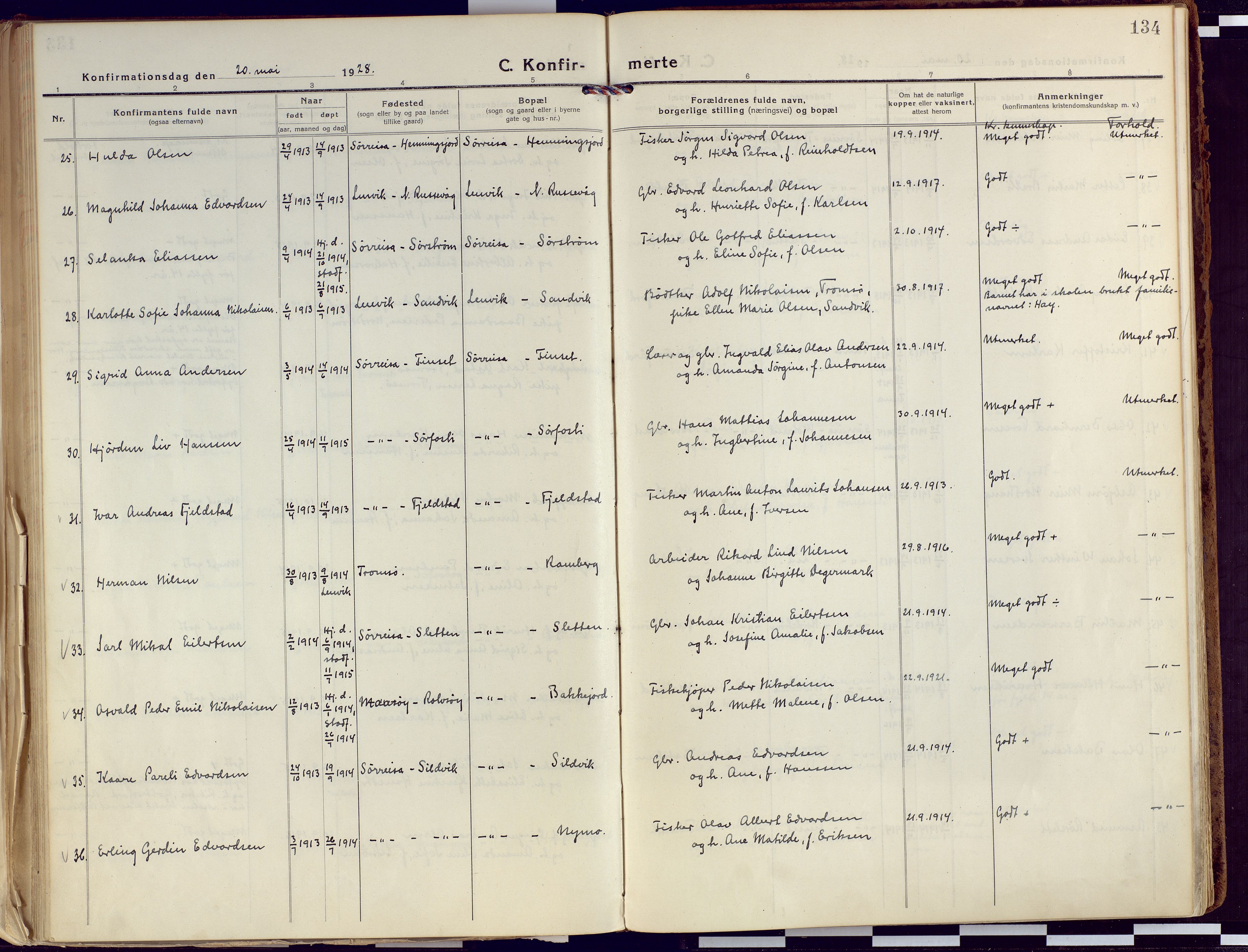 Tranøy sokneprestkontor, AV/SATØ-S-1313/I/Ia/Iaa/L0015kirke: Parish register (official) no. 15, 1919-1928, p. 134