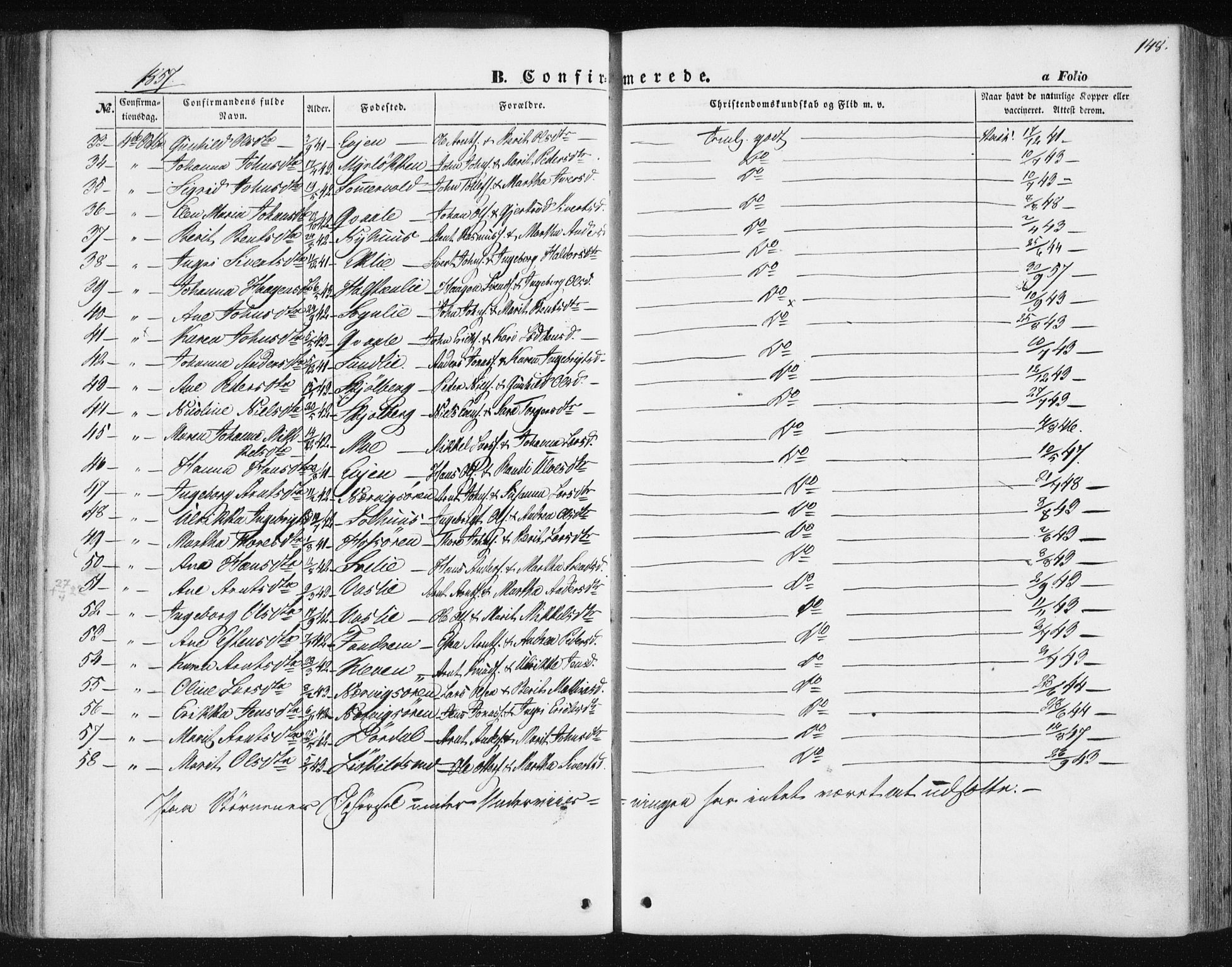 Ministerialprotokoller, klokkerbøker og fødselsregistre - Sør-Trøndelag, SAT/A-1456/668/L0806: Parish register (official) no. 668A06, 1854-1869, p. 148