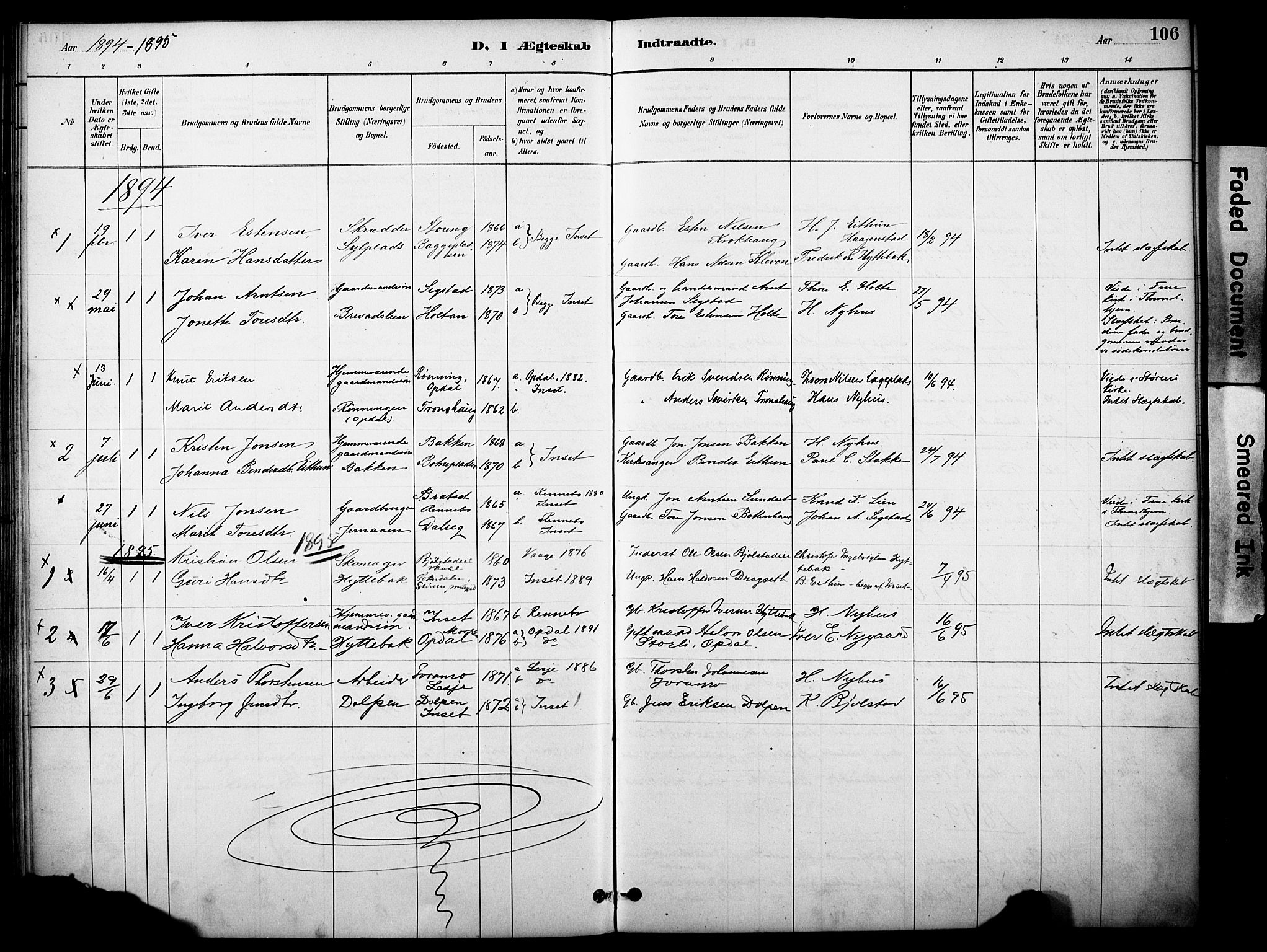 Kvikne prestekontor, SAH/PREST-064/H/Ha/Haa/L0007: Parish register (official) no. 7, 1887-1911, p. 106