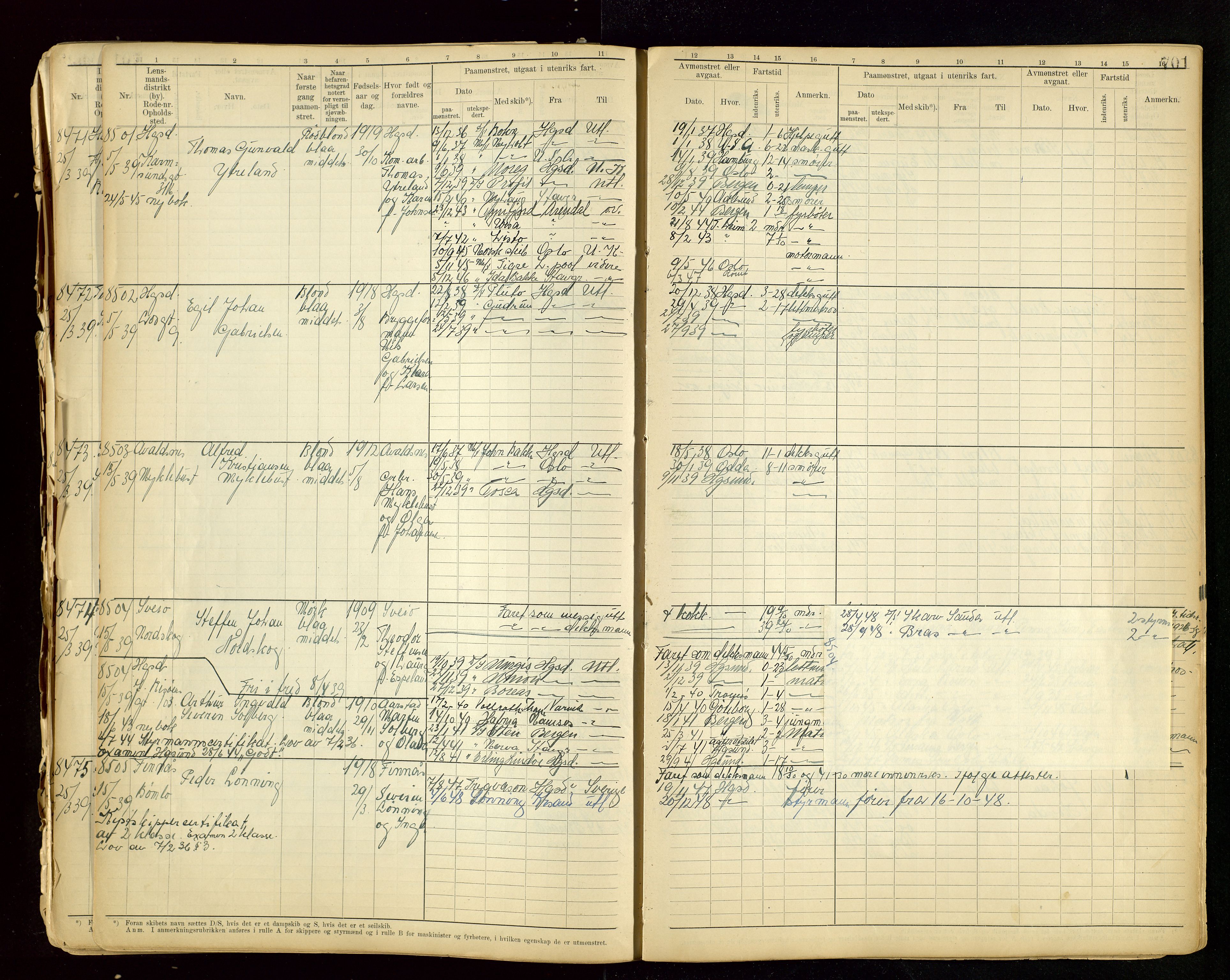Haugesund sjømannskontor, SAST/A-102007/F/Fb/Fbb/L0015: Sjøfartsrulle A Haugesund krets I nr 5001-8970, 1912-1948, p. 701
