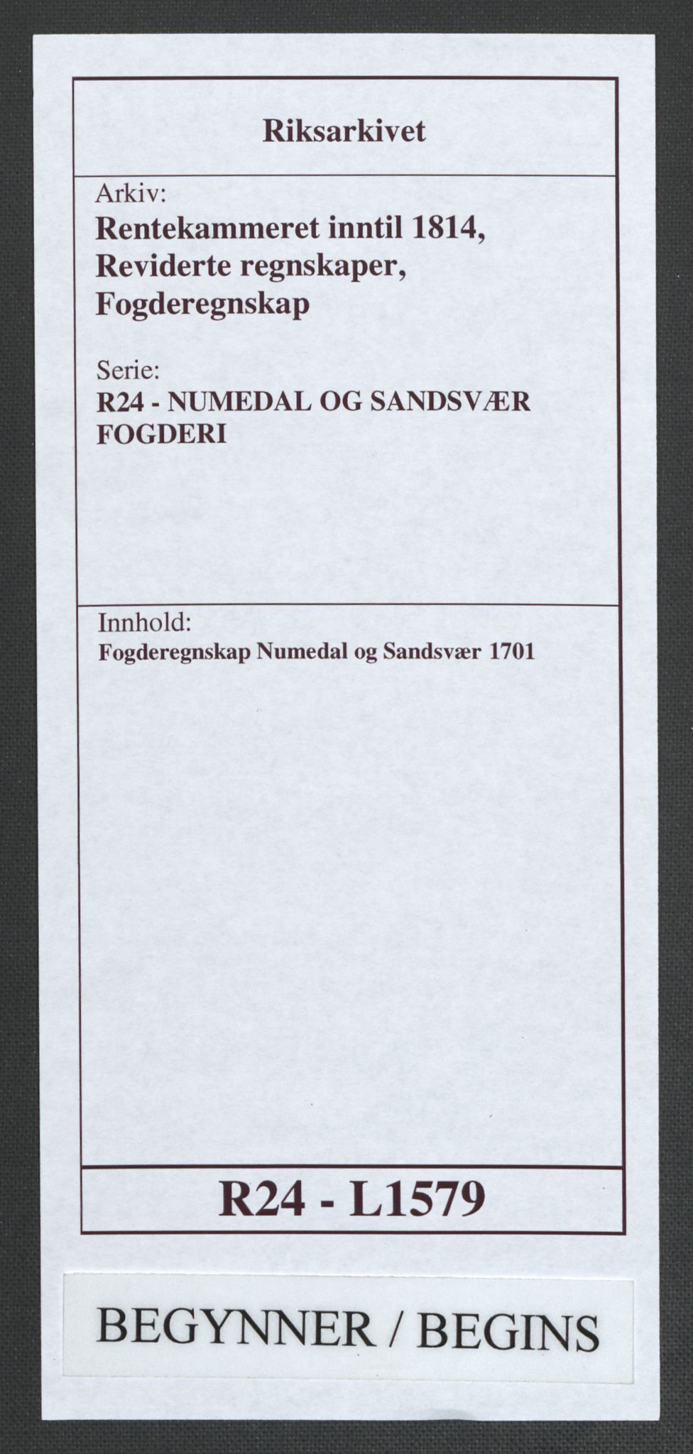 Rentekammeret inntil 1814, Reviderte regnskaper, Fogderegnskap, AV/RA-EA-4092/R24/L1579: Fogderegnskap Numedal og Sandsvær, 1701, p. 1