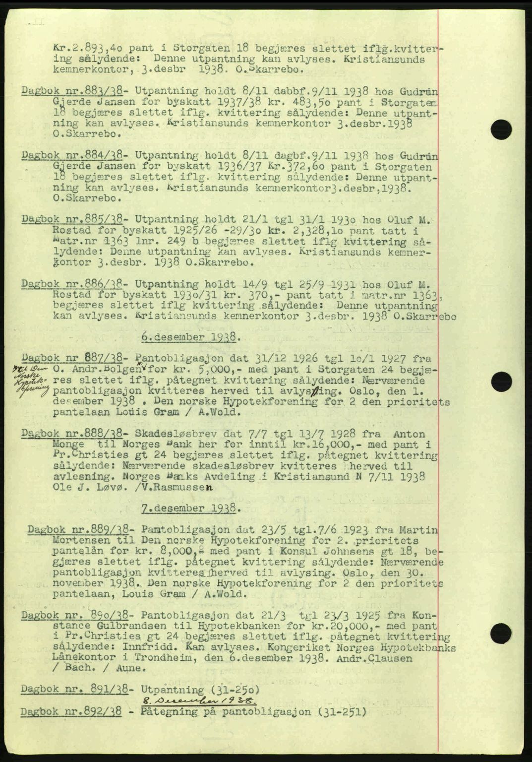 Kristiansund byfogd, AV/SAT-A-4587/A/27: Mortgage book no. 32a, 1938-1946, Diary no: : 883/1938