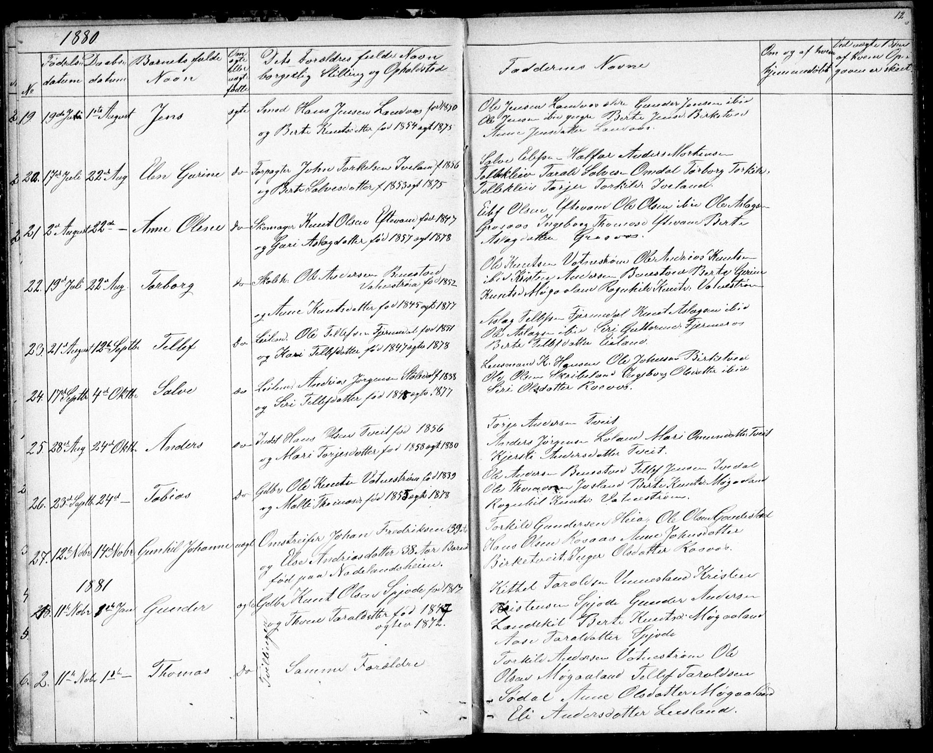 Evje sokneprestkontor, SAK/1111-0008/F/Fb/Fbc/L0003: Parish register (copy) no. B 3, 1876-1889, p. 12