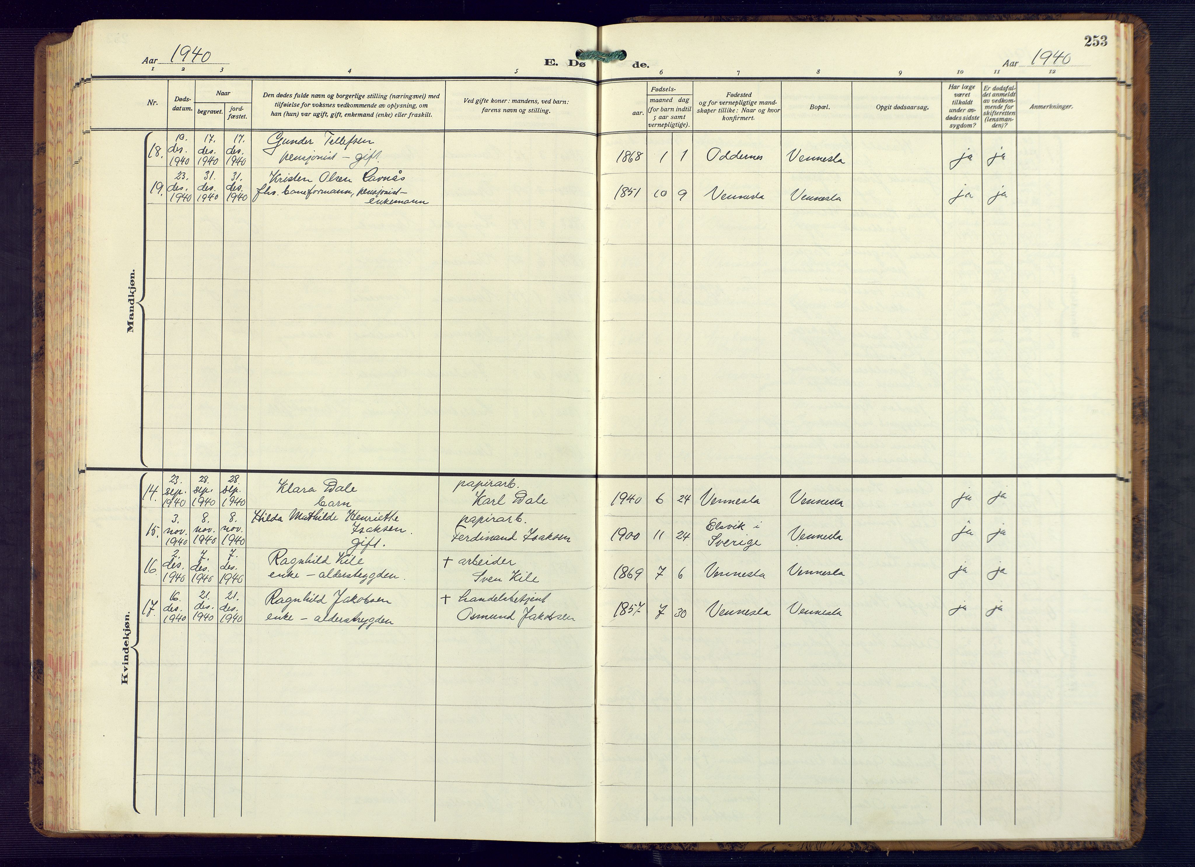 Vennesla sokneprestkontor, AV/SAK-1111-0045/Fb/Fbb/L0008: Parish register (copy) no. B 8, 1934-1947, p. 253