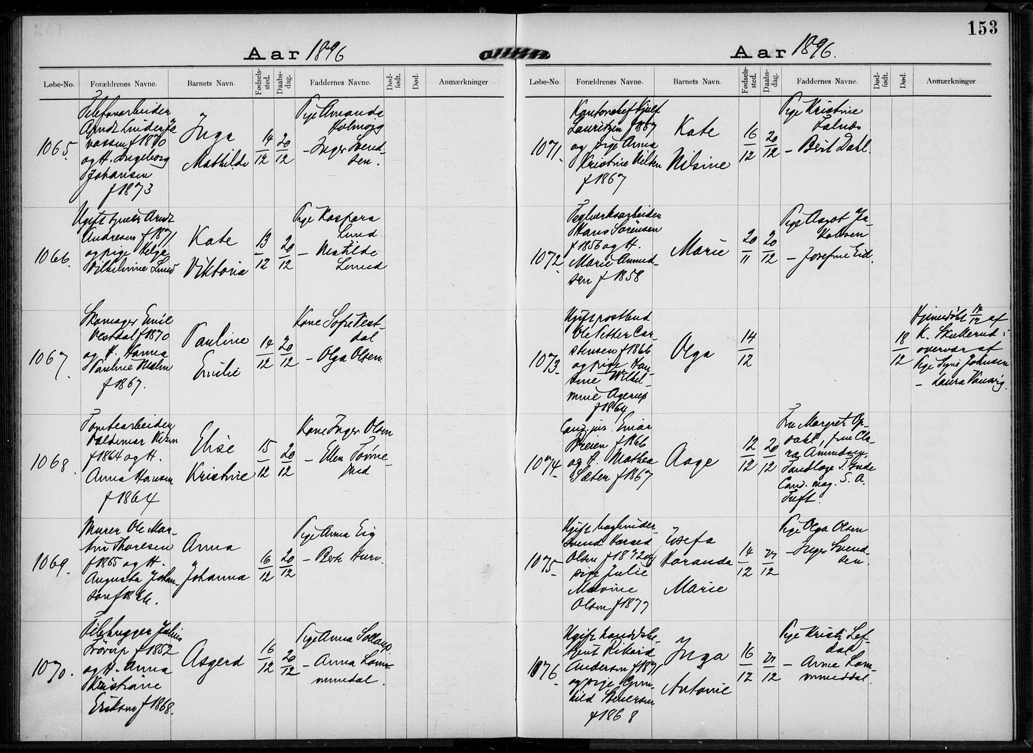 Rikshospitalet prestekontor Kirkebøker, AV/SAO-A-10309b/K/L0004/0002: Baptism register no. 4.2, 1895-1897, p. 153