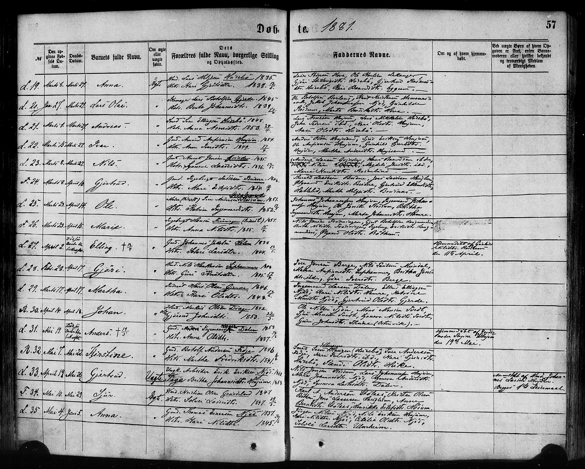 Leikanger sokneprestembete, SAB/A-81001: Parish register (official) no. A 9, 1869-1888, p. 57