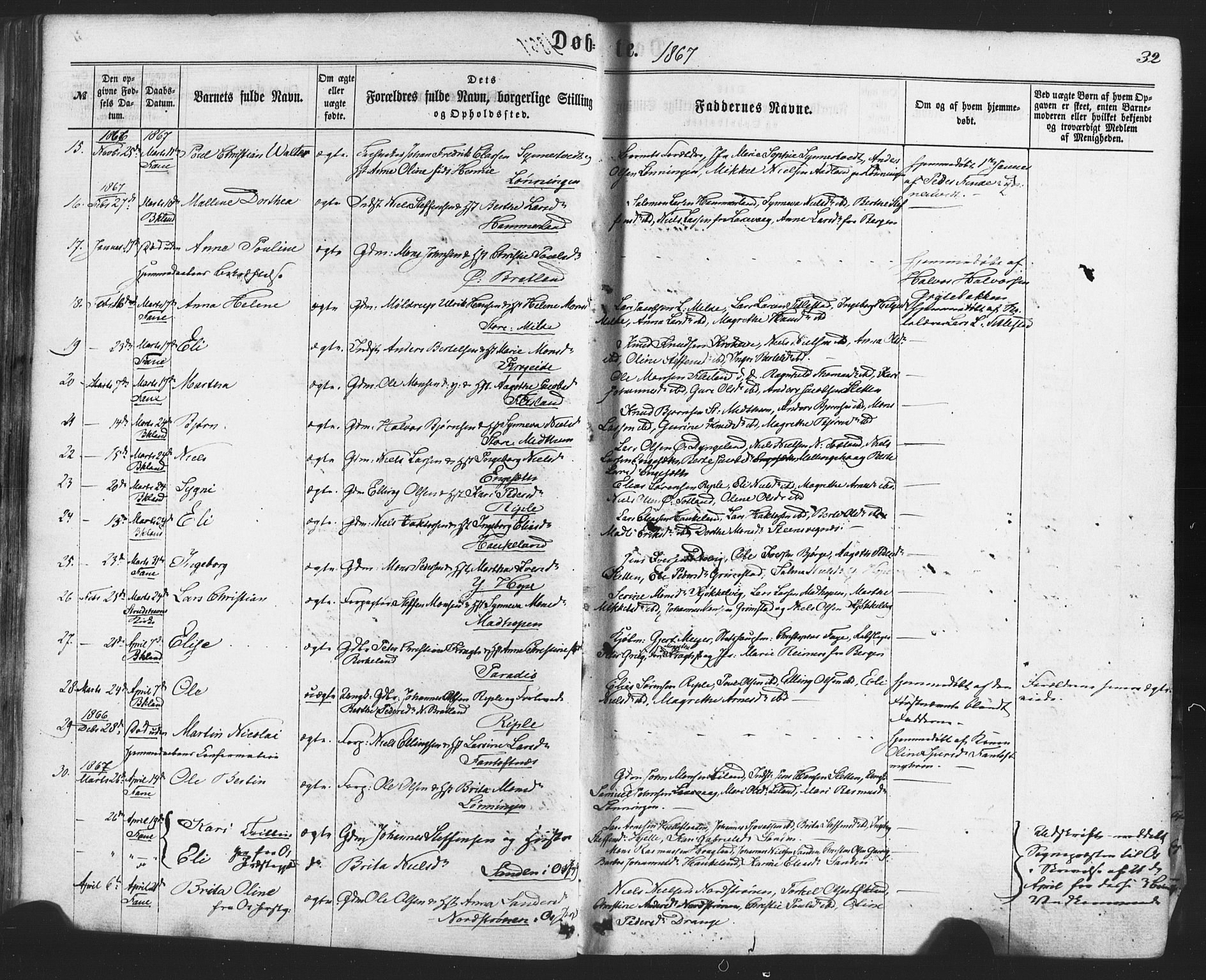 Fana Sokneprestembete, AV/SAB-A-75101/H/Haa/Haaa/L0012: Parish register (official) no. A 12, 1862-1878, p. 32