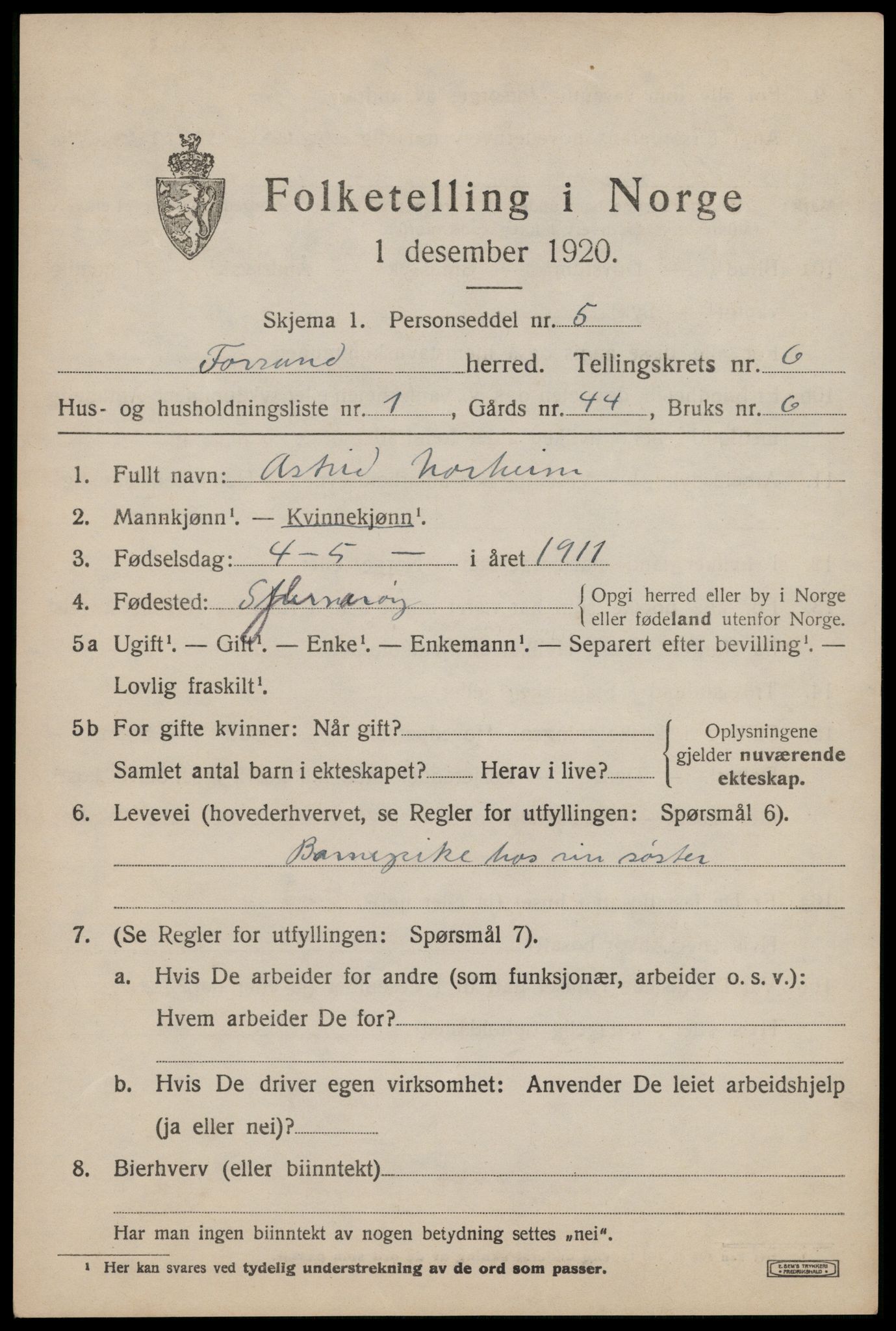 SAST, 1920 census for Forsand, 1920, p. 2773