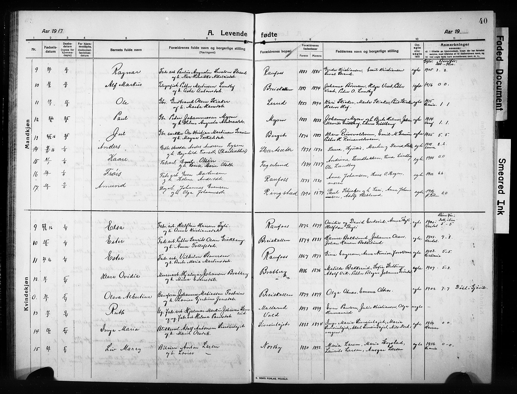 Vestre Toten prestekontor, AV/SAH-PREST-108/H/Ha/Hab/L0012: Parish register (copy) no. 12, 1909-1928, p. 40