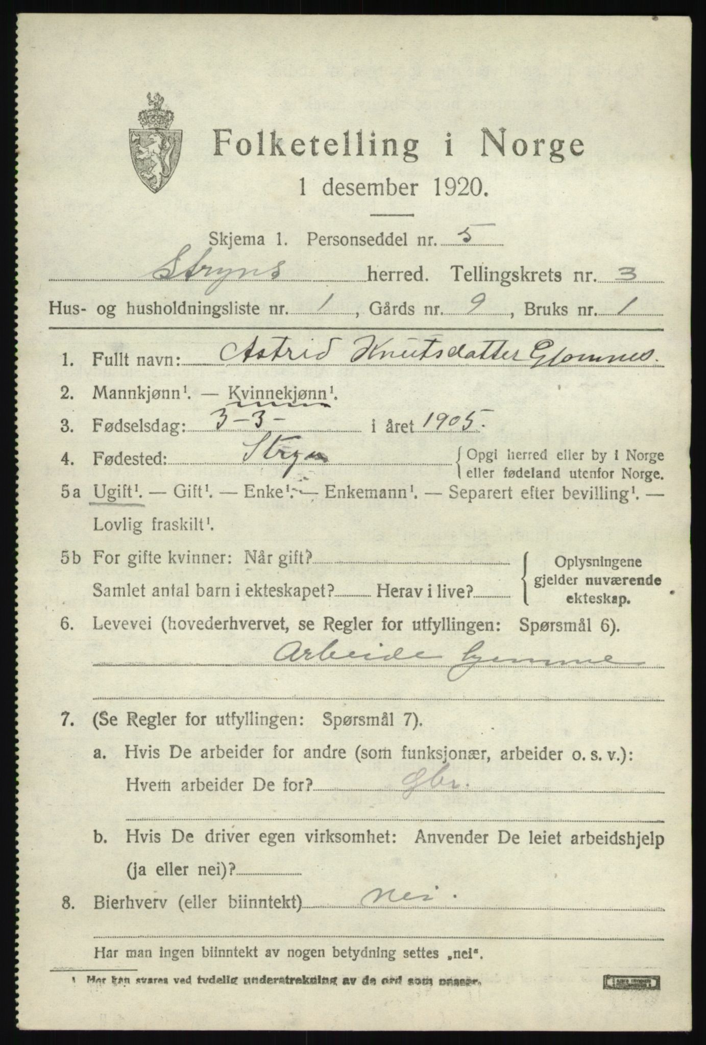 SAB, 1920 census for Stryn, 1920, p. 1306