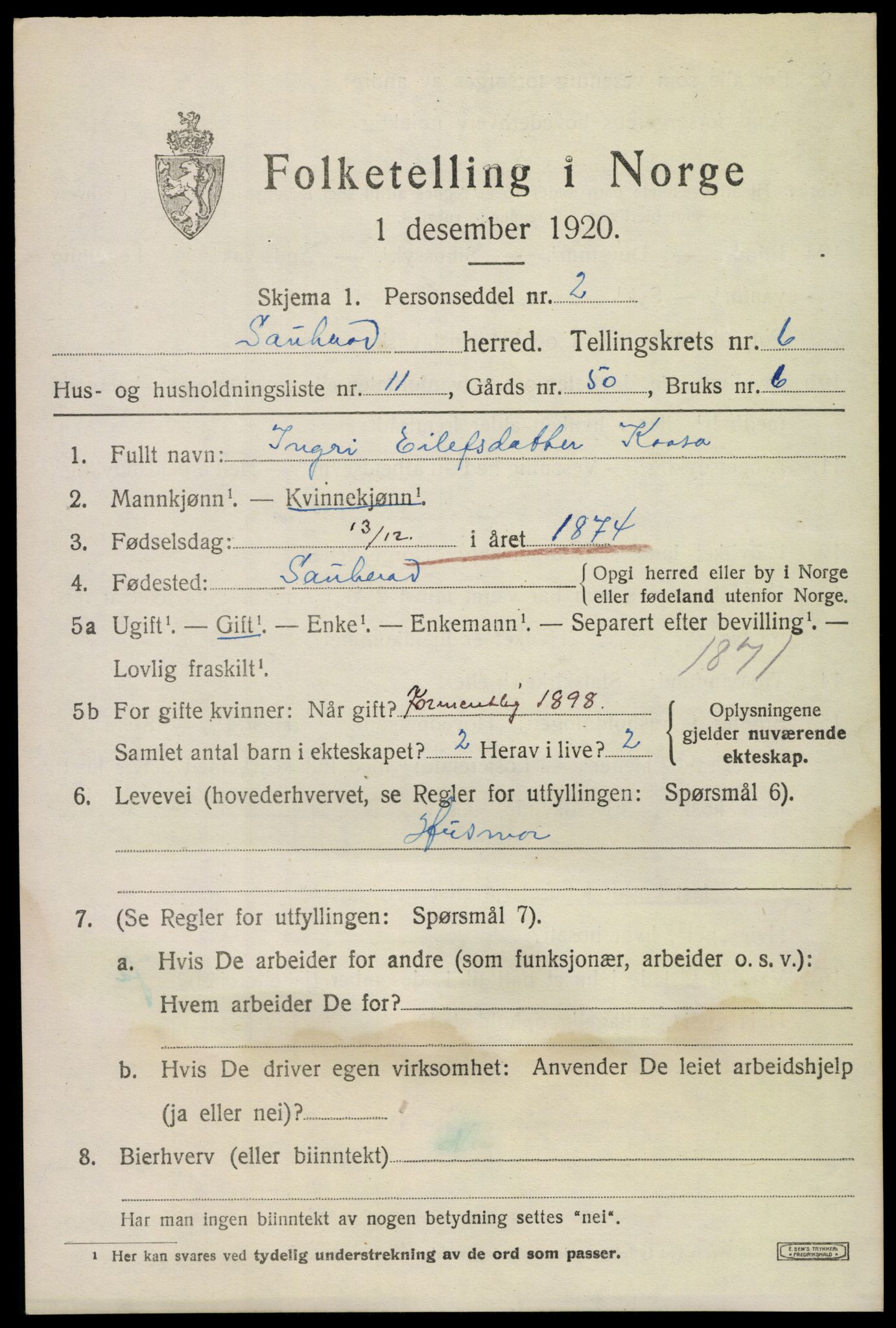 SAKO, 1920 census for Sauherad, 1920, p. 5177