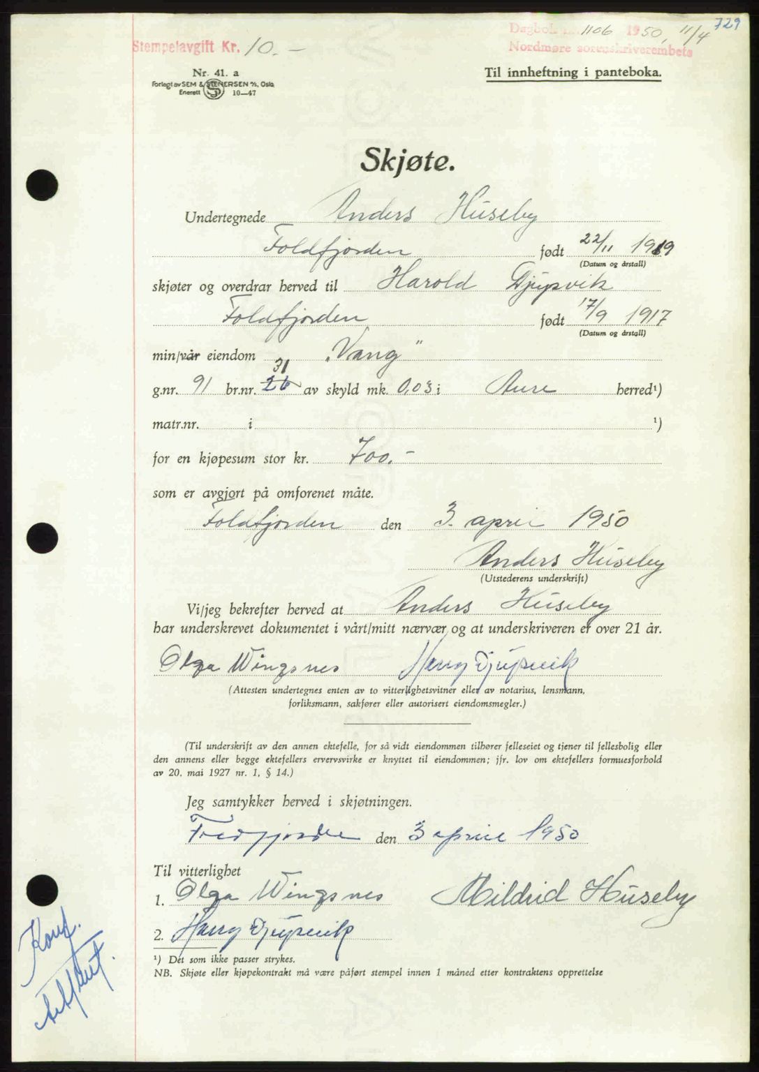 Nordmøre sorenskriveri, AV/SAT-A-4132/1/2/2Ca: Mortgage book no. A114, 1950-1950, Diary no: : 1106/1950