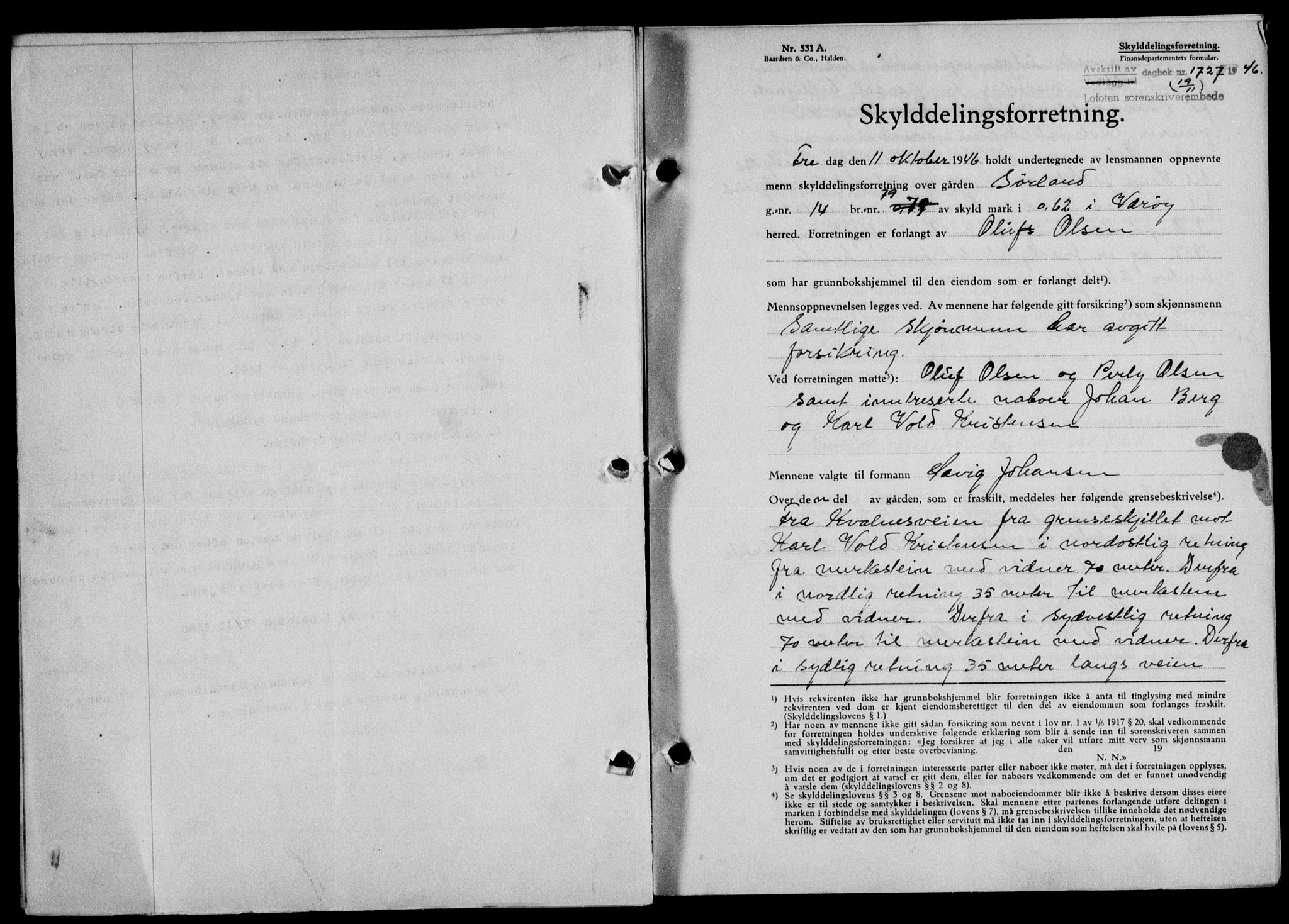 Lofoten sorenskriveri, SAT/A-0017/1/2/2C/L0015a: Mortgage book no. 15a, 1946-1947, Diary no: : 1727/1946