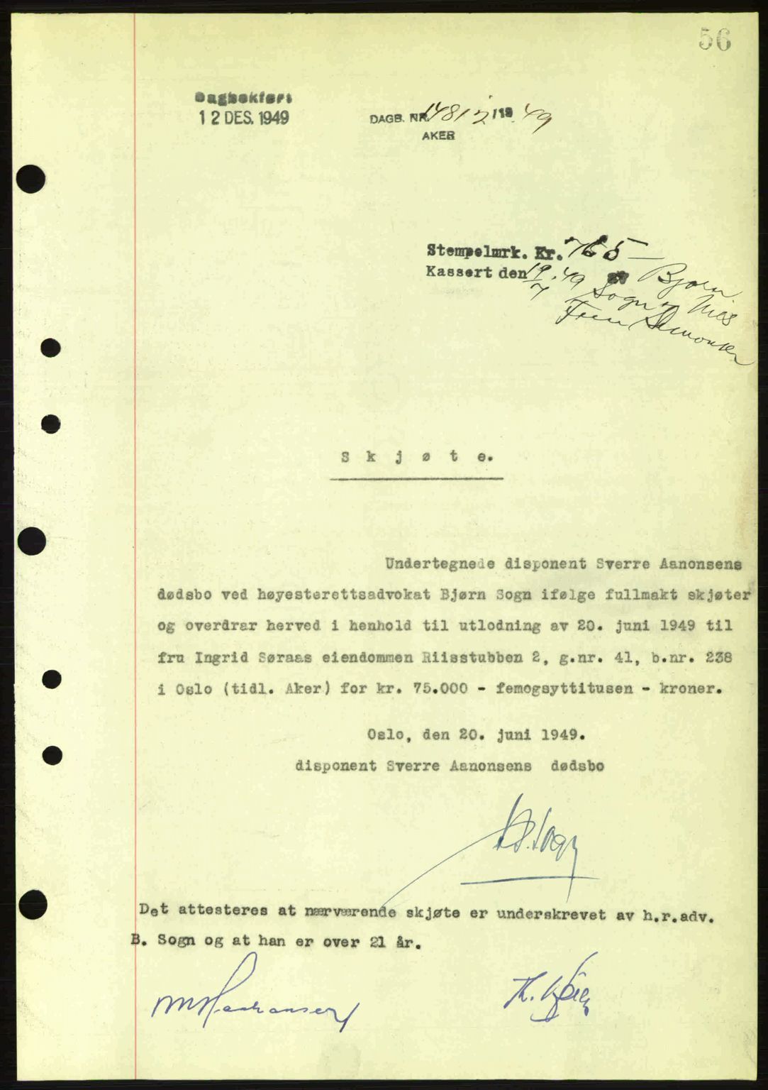 Oslo byskriverembete, AV/SAO-A-10227/G/Gb/Gbd/Gbda/L0017: Mortgage book no. A215, 1949-1950, Diary no: : 14812/1949