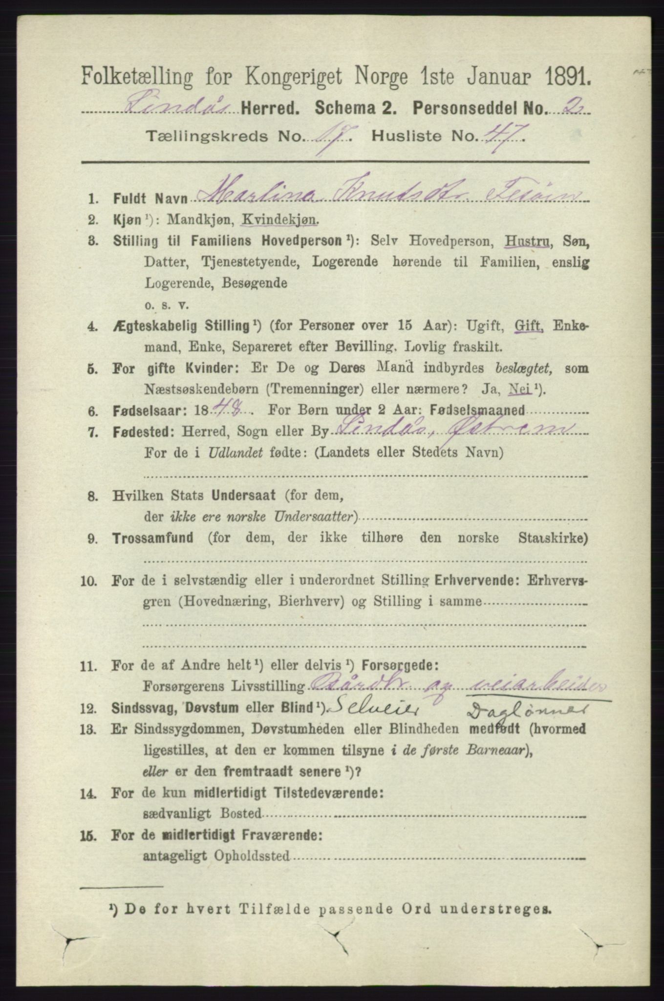 RA, 1891 census for 1263 Lindås, 1891, p. 6455