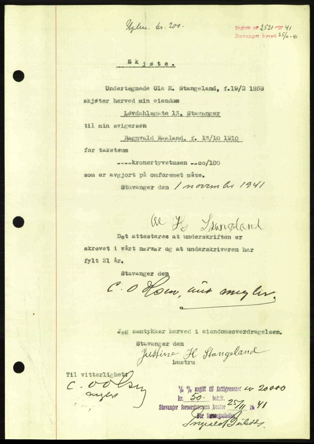 Stavanger byrett, SAST/A-100455/002/G/Gb/L0017: Mortgage book no. A7, 1941-1943, Diary no: : 2521/1941