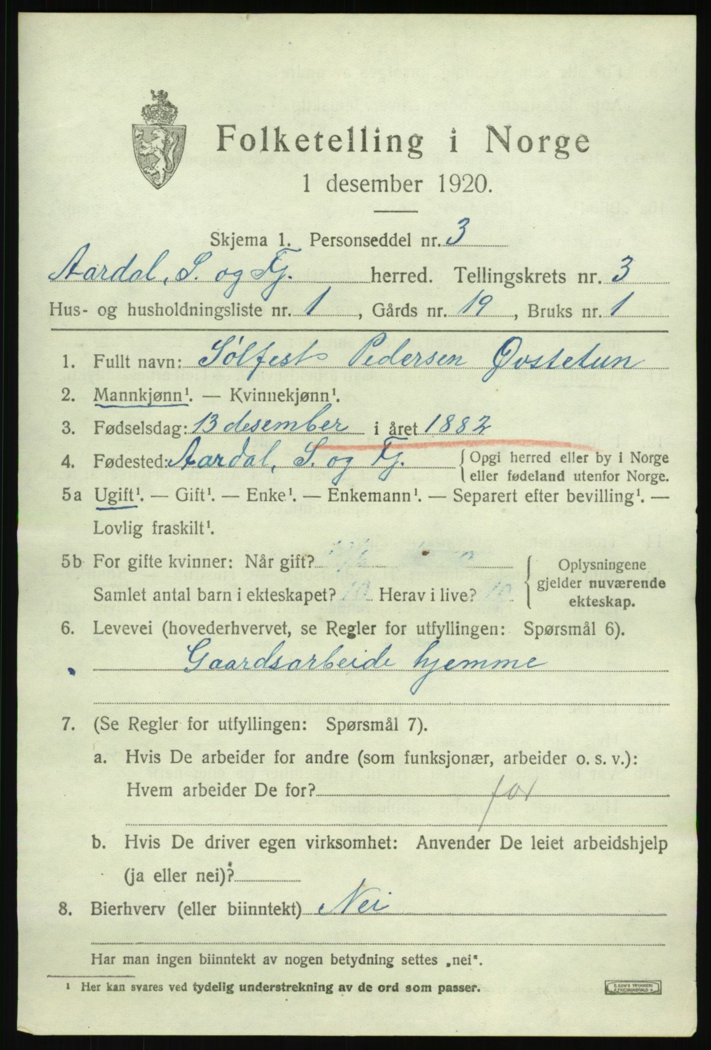 SAB, 1920 census for Årdal, 1920, p. 1509