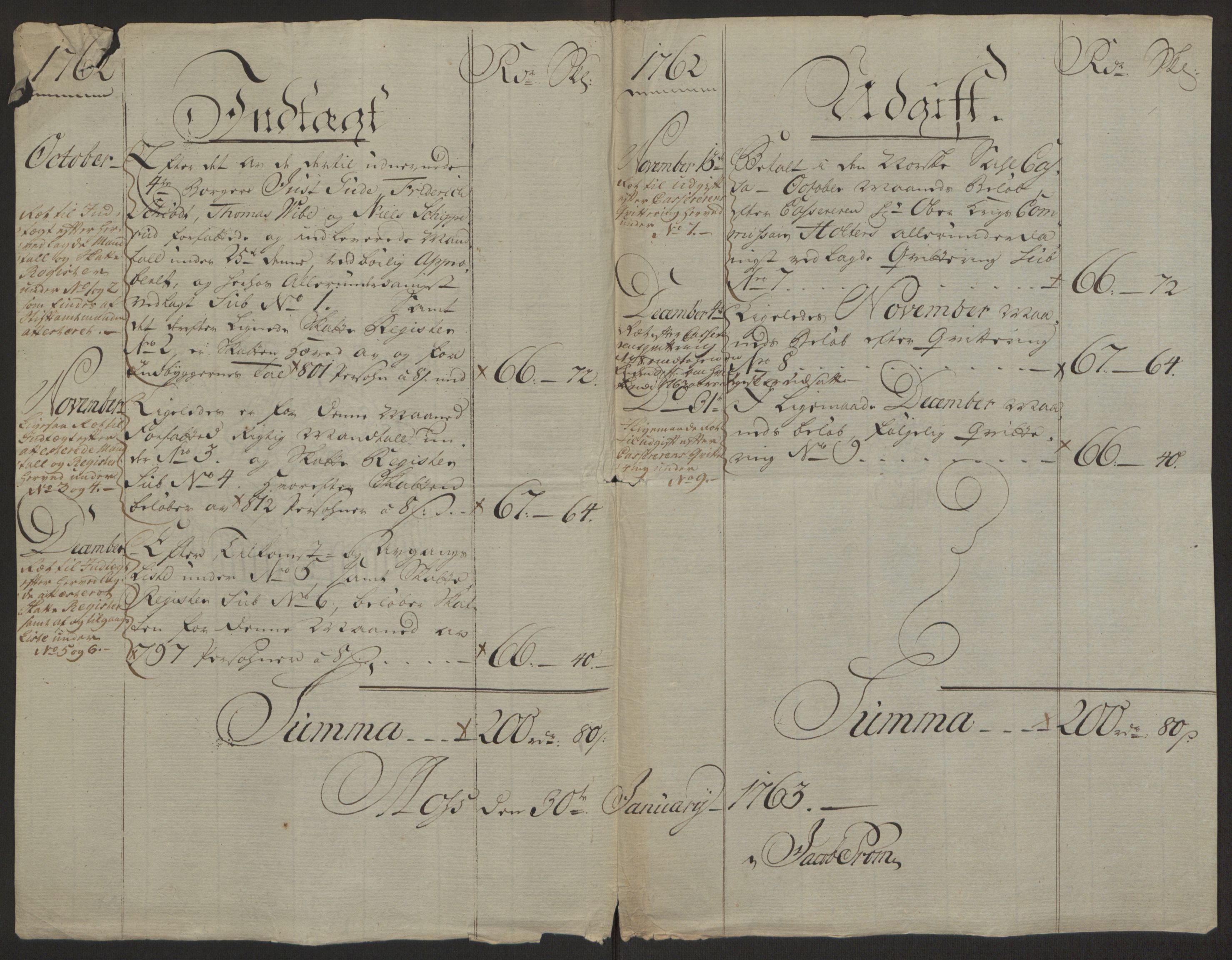 Rentekammeret inntil 1814, Reviderte regnskaper, Byregnskaper, AV/RA-EA-4066/R/Rc/L0042/0001: [C1] Kontribusjonsregnskap / Ekstraskatt, 1762-1765, p. 5