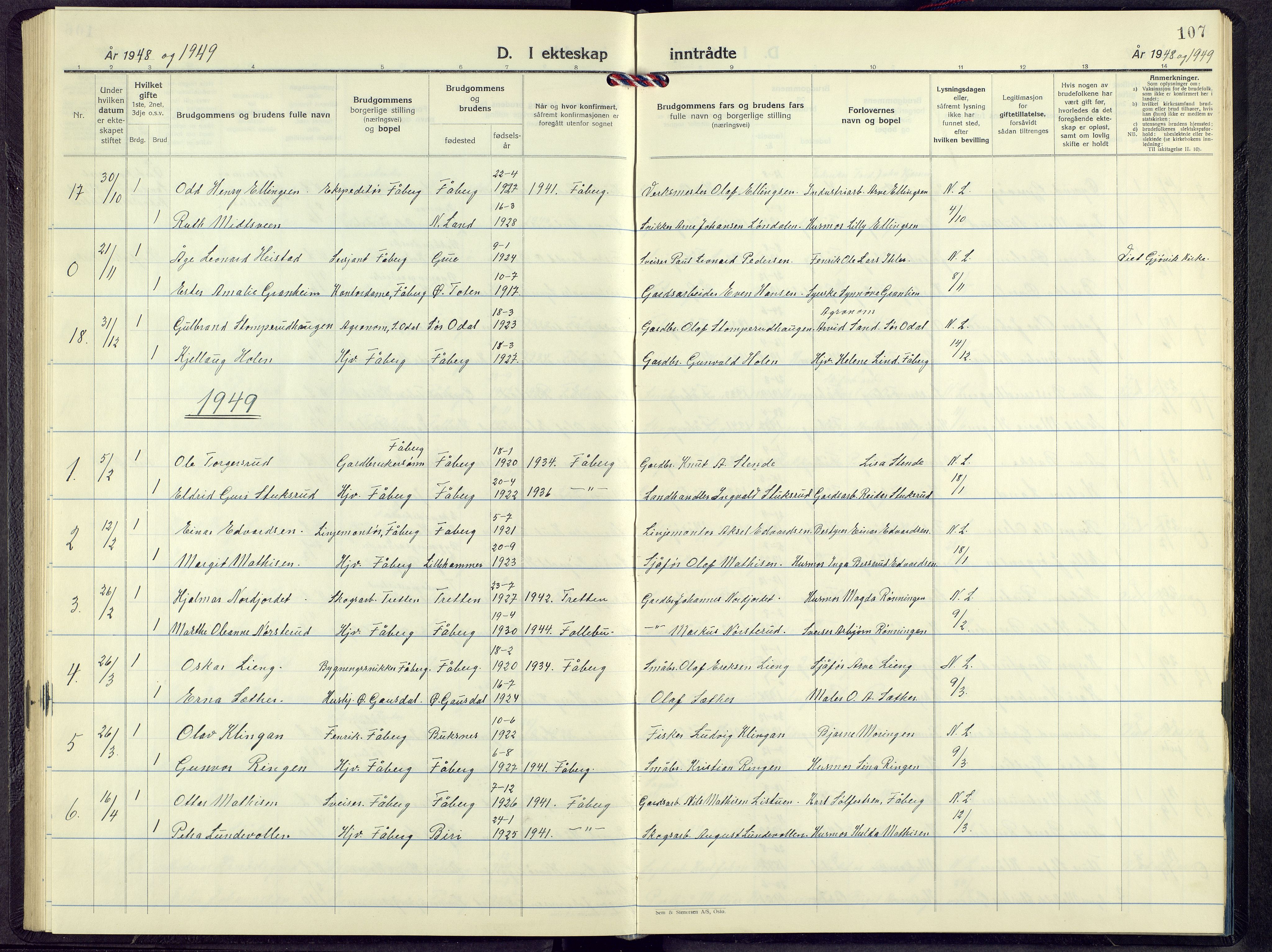 Fåberg prestekontor, AV/SAH-PREST-086/H/Ha/Hab/L0017: Parish register (copy) no. 17, 1946-1970, p. 107