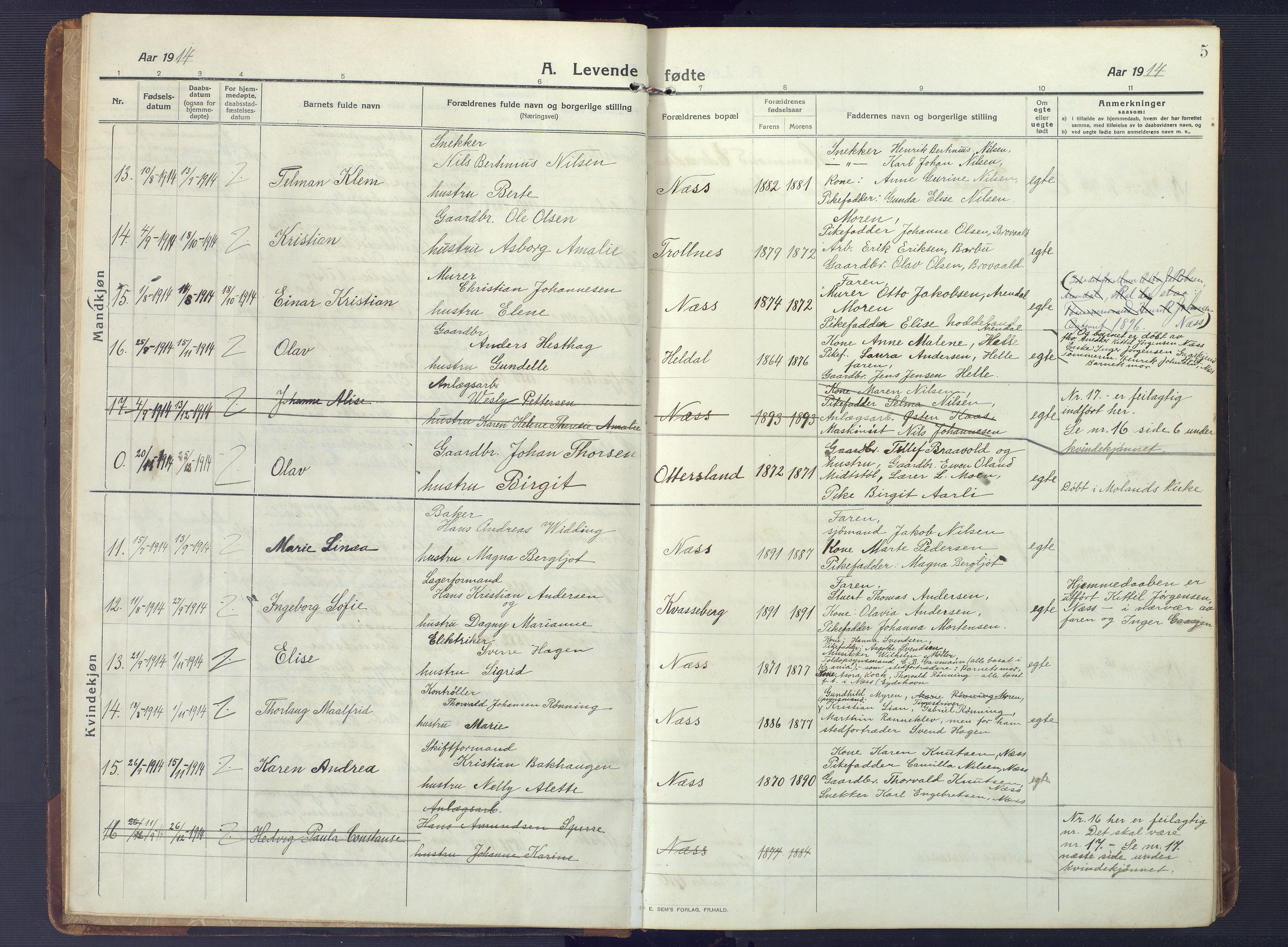 Austre Moland sokneprestkontor, SAK/1111-0001/F/Fb/Fbb/L0004: Parish register (copy) no. B 4, 1914-1929, p. 5