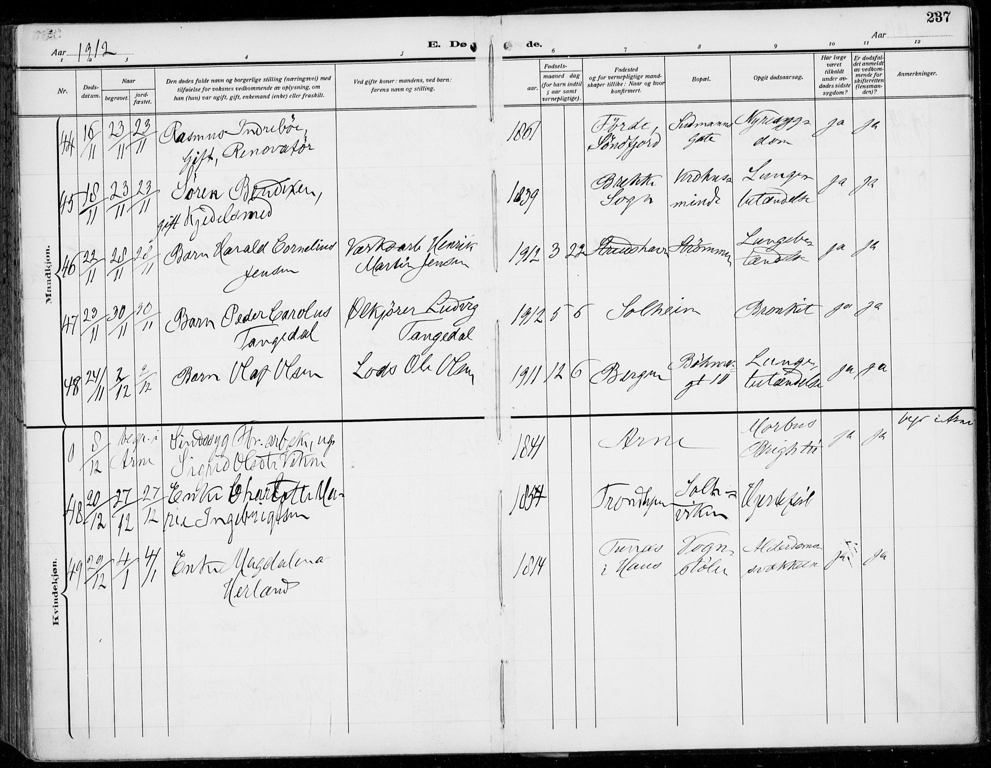 Årstad Sokneprestembete, AV/SAB-A-79301/H/Haa/L0009: Parish register (official) no. C 1, 1902-1918, p. 237