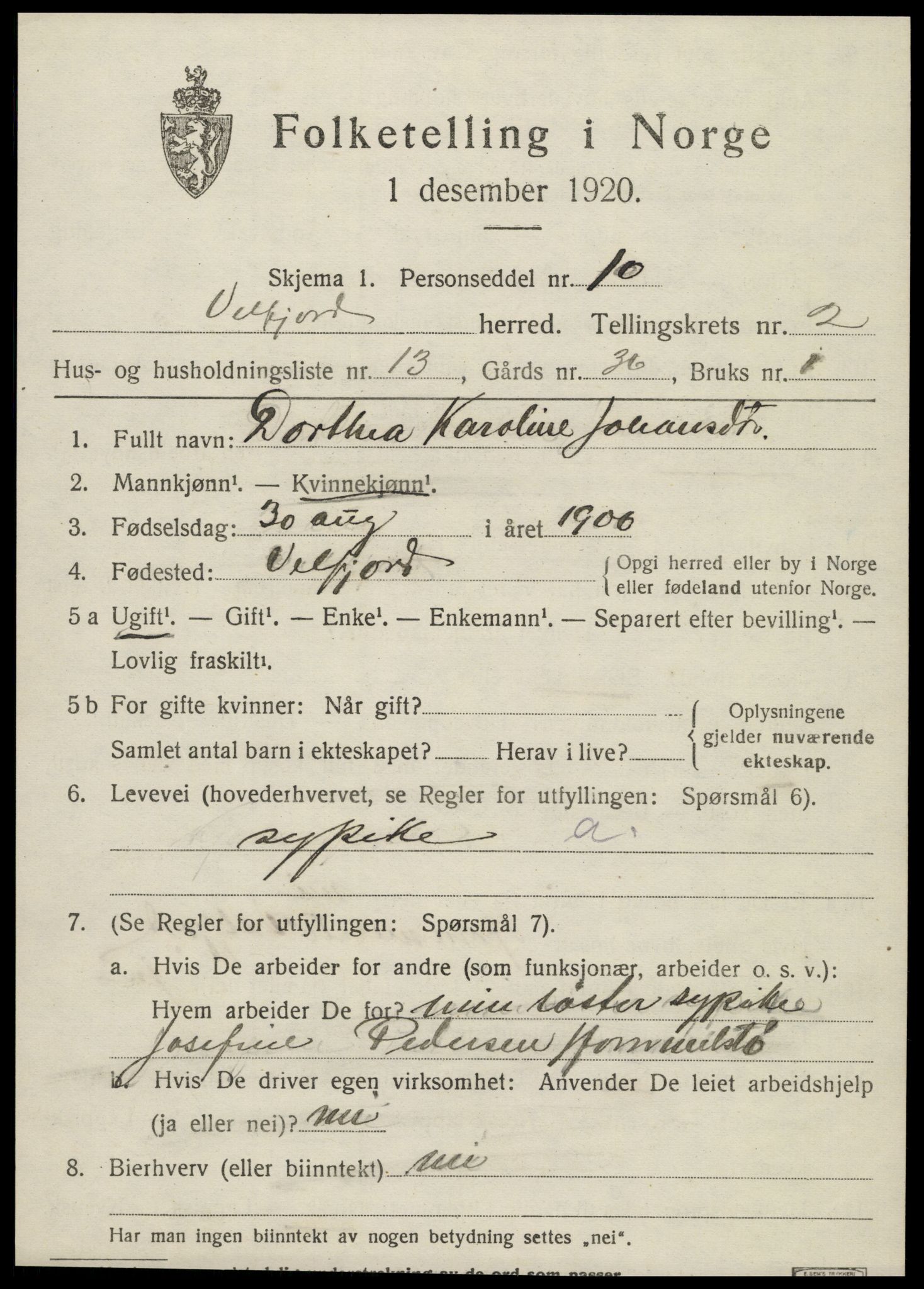 SAT, 1920 census for Velfjord, 1920, p. 1355