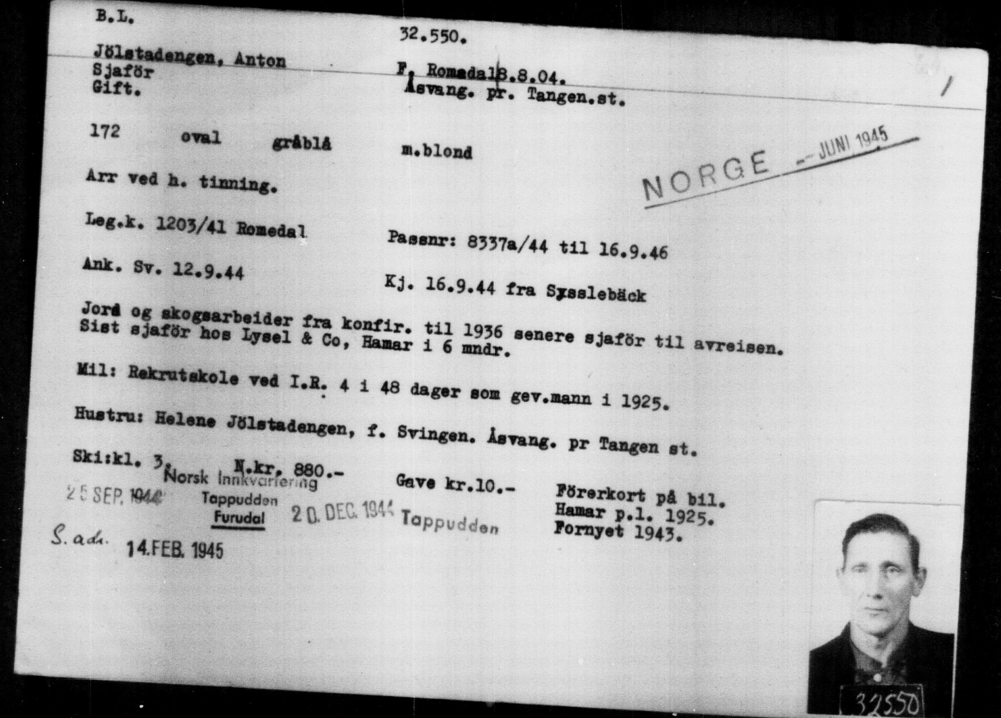 Utenriksstasjonene, Legasjonen i Stockholm, Flyktningkontoret, AV/RA-S-6753/V/Va/L0013: Kjesäterkartoteket, flyktninger med registreringsnr. 31500-34731, 1940-1945, p. 1107