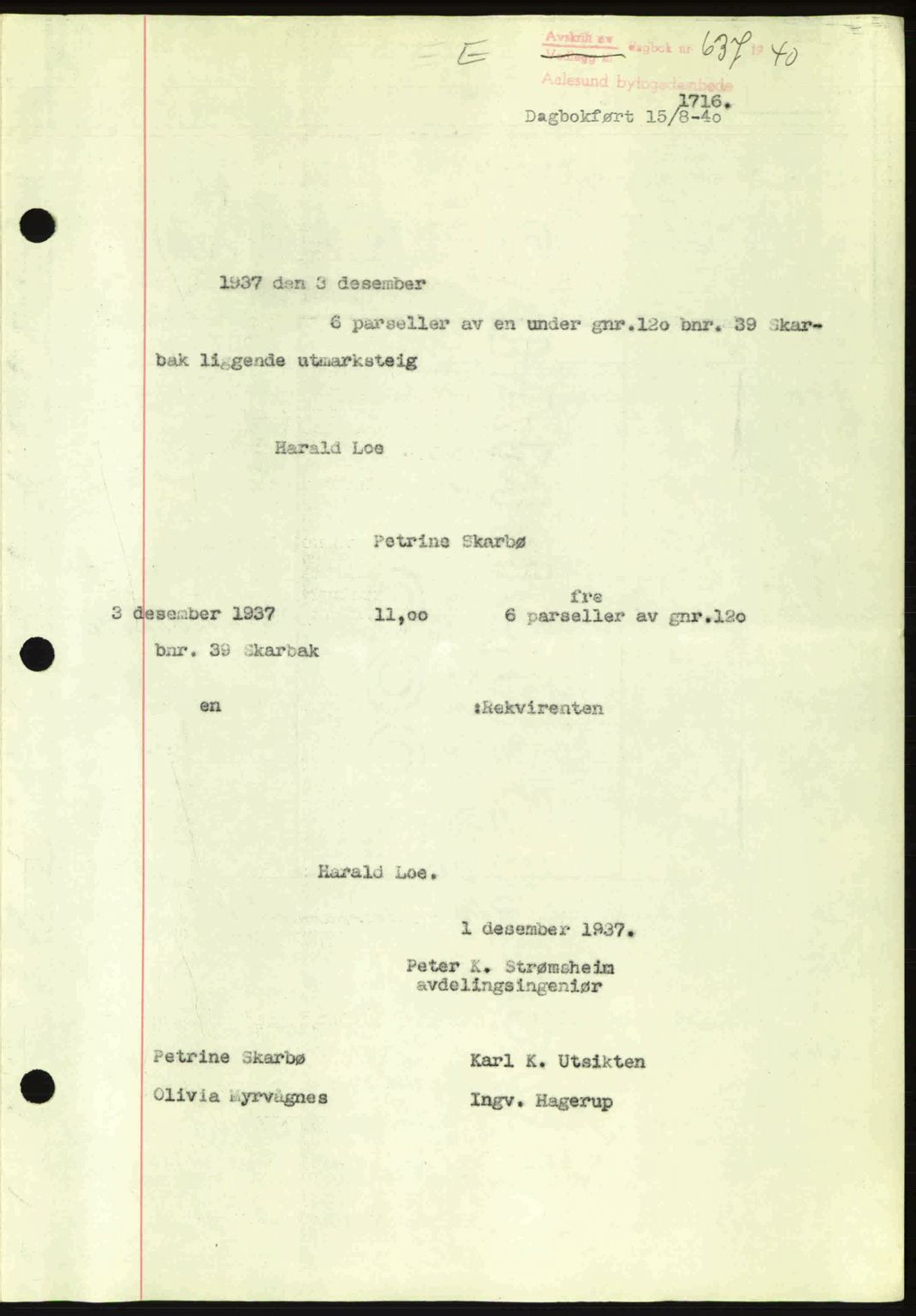 Ålesund byfogd, AV/SAT-A-4384: Mortgage book no. 34 II, 1938-1940, Diary no: : 637/1940