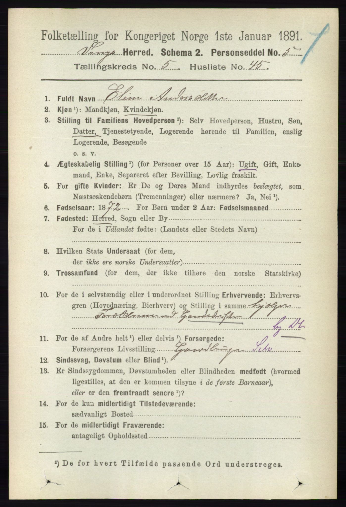 RA, 1891 census for 0414 Vang, 1891, p. 3758