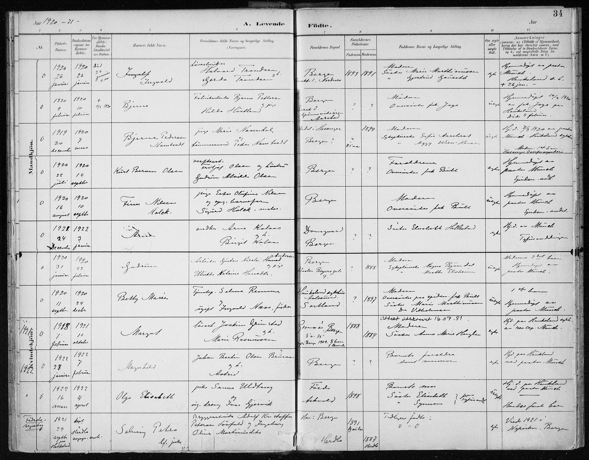Bergen kommunale pleiehjem - stiftelsespresten, SAB/A-100281: Parish register (official) no. A 2, 1887-1939, p. 34