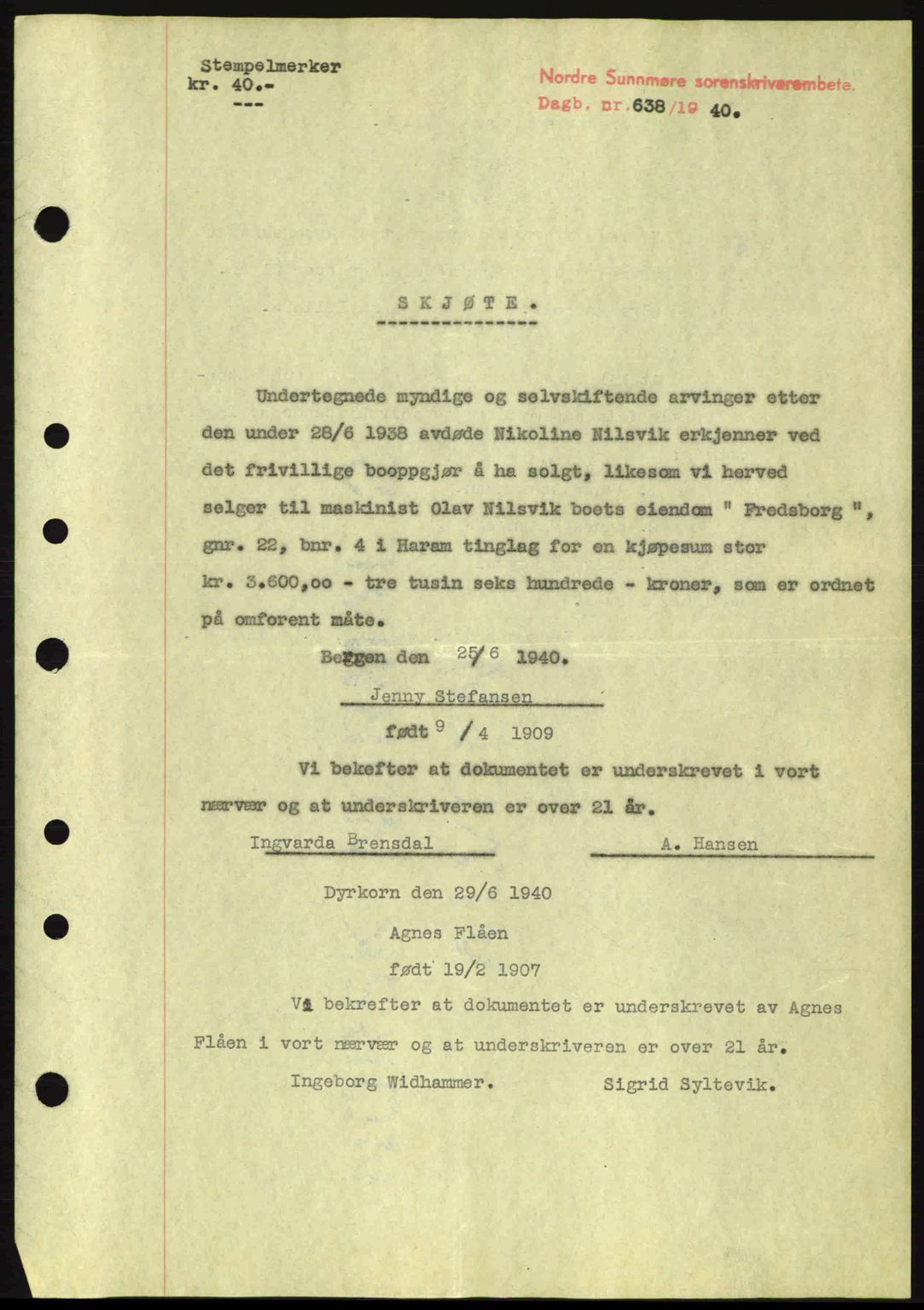 Nordre Sunnmøre sorenskriveri, AV/SAT-A-0006/1/2/2C/2Ca: Mortgage book no. A8, 1939-1940, Diary no: : 638/1940