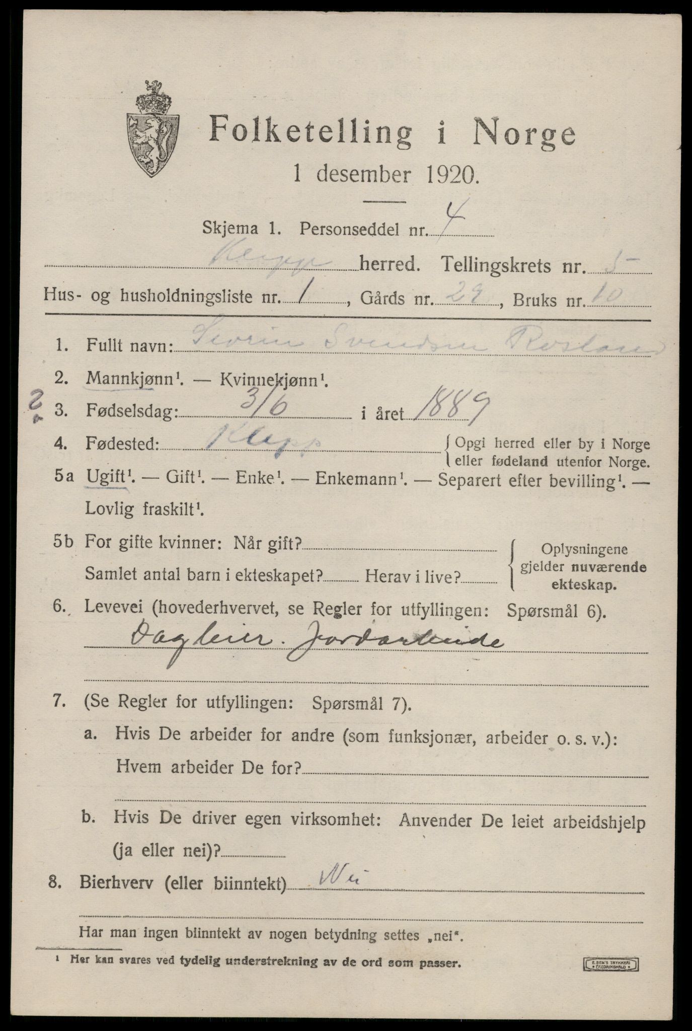 SAST, 1920 census for Klepp, 1920, p. 5356