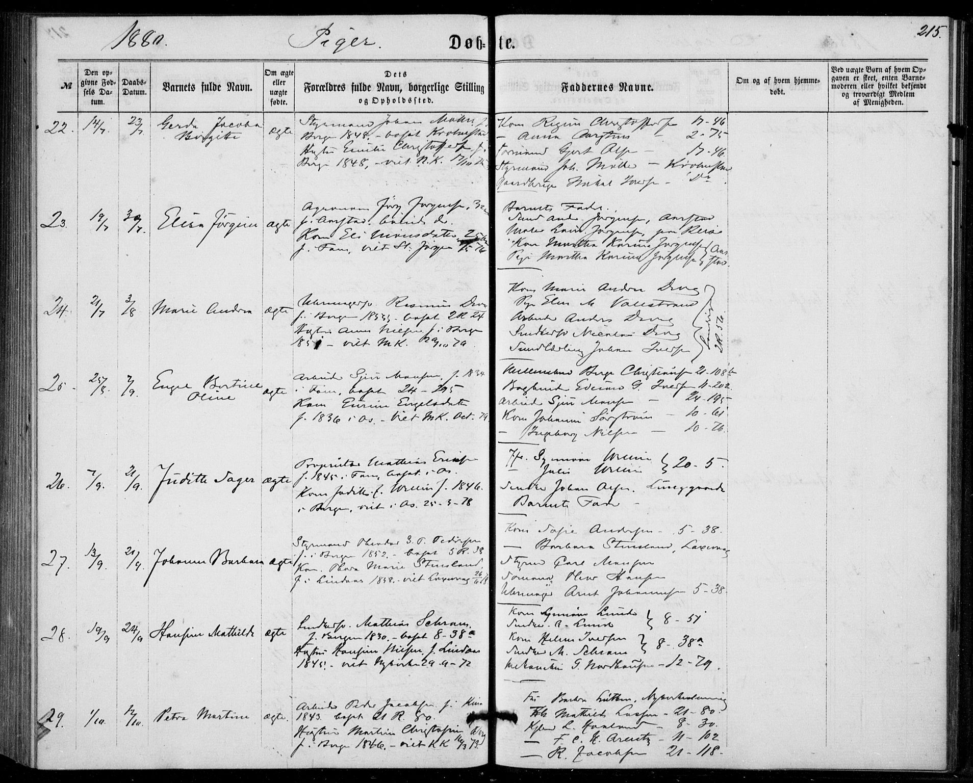 Fødselsstiftelsens sokneprestembete, ført av overlegen*, SAB/-: Parish register (official) no. A 1, 1863-1883, p. 215
