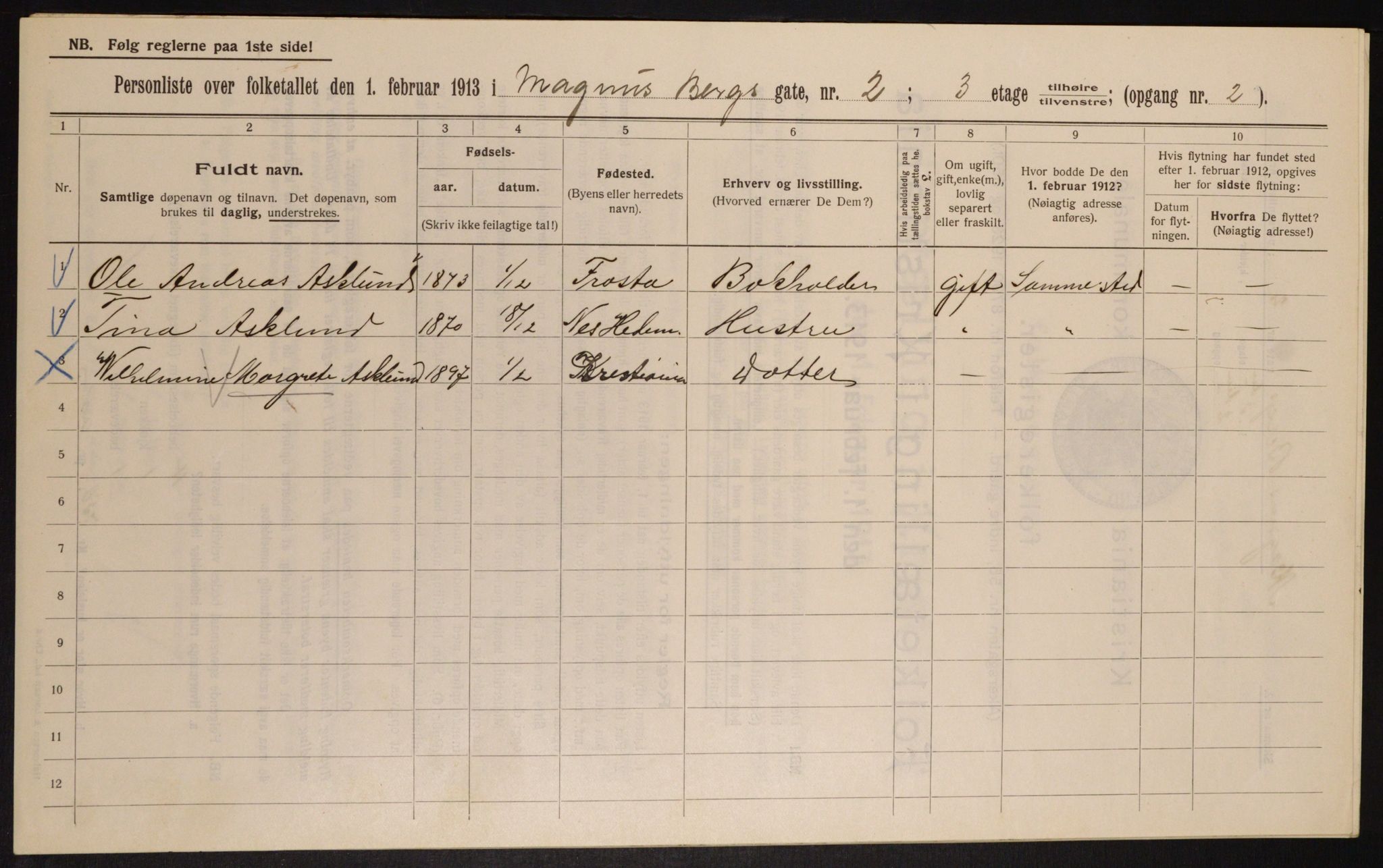 OBA, Municipal Census 1913 for Kristiania, 1913, p. 58869