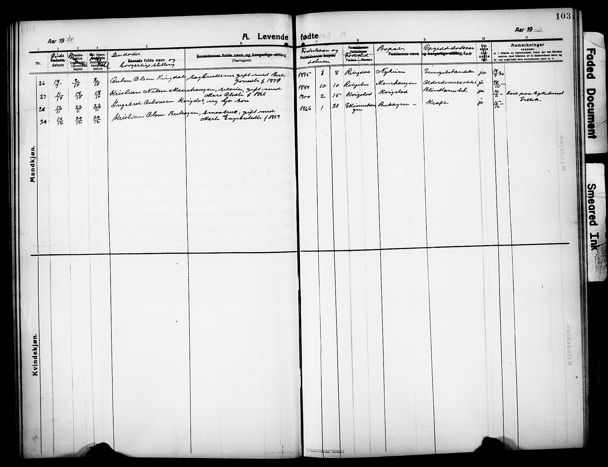 Sør-Fron prestekontor, SAH/PREST-010/H/Ha/Hab/L0005: Parish register (copy) no. 5, 1912-1930, p. 103