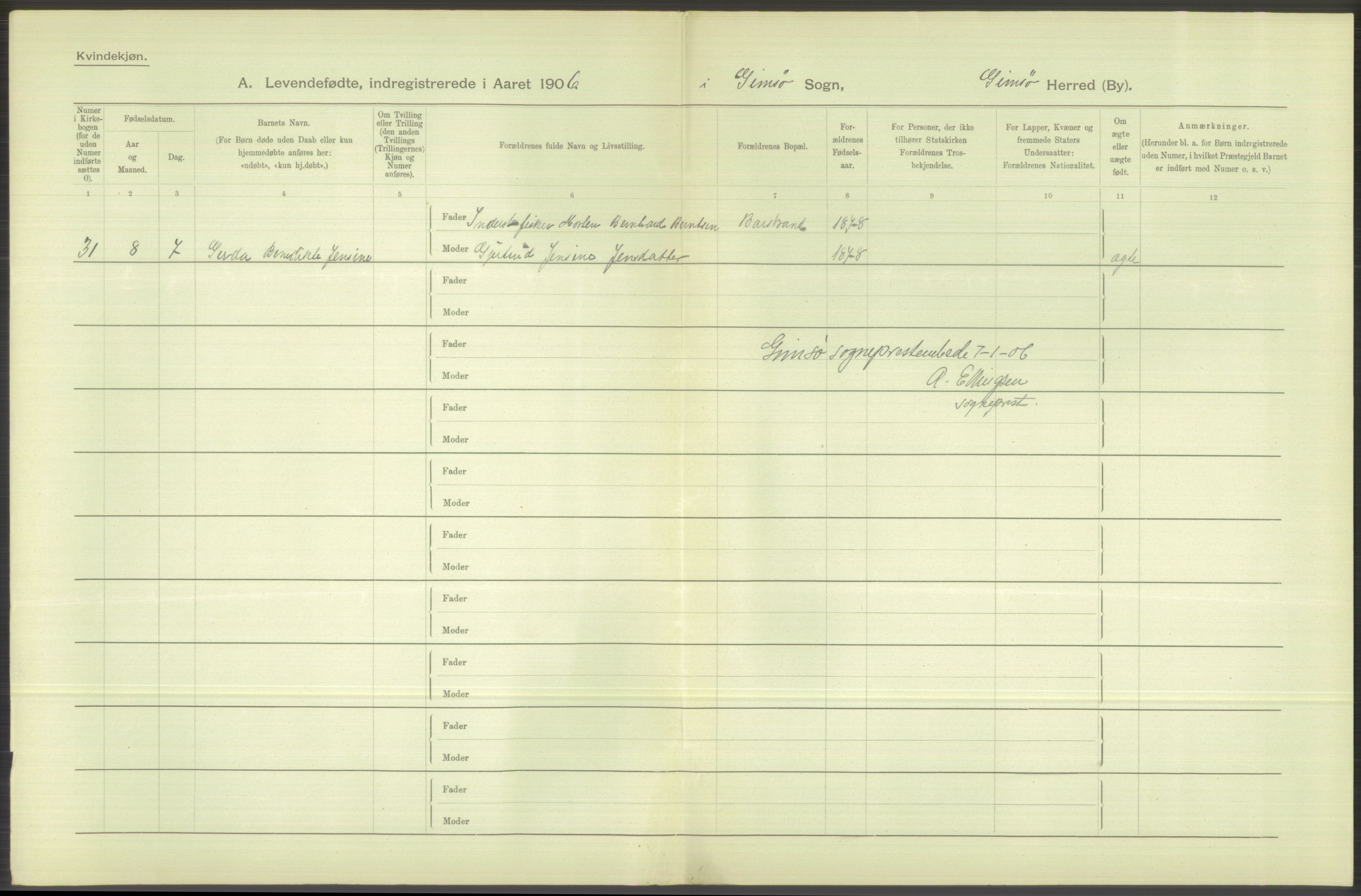 Statistisk sentralbyrå, Sosiodemografiske emner, Befolkning, AV/RA-S-2228/D/Df/Dfa/Dfad/L0044: Nordlands amt: Levendefødte menn og kvinner. Bygder., 1906, p. 128