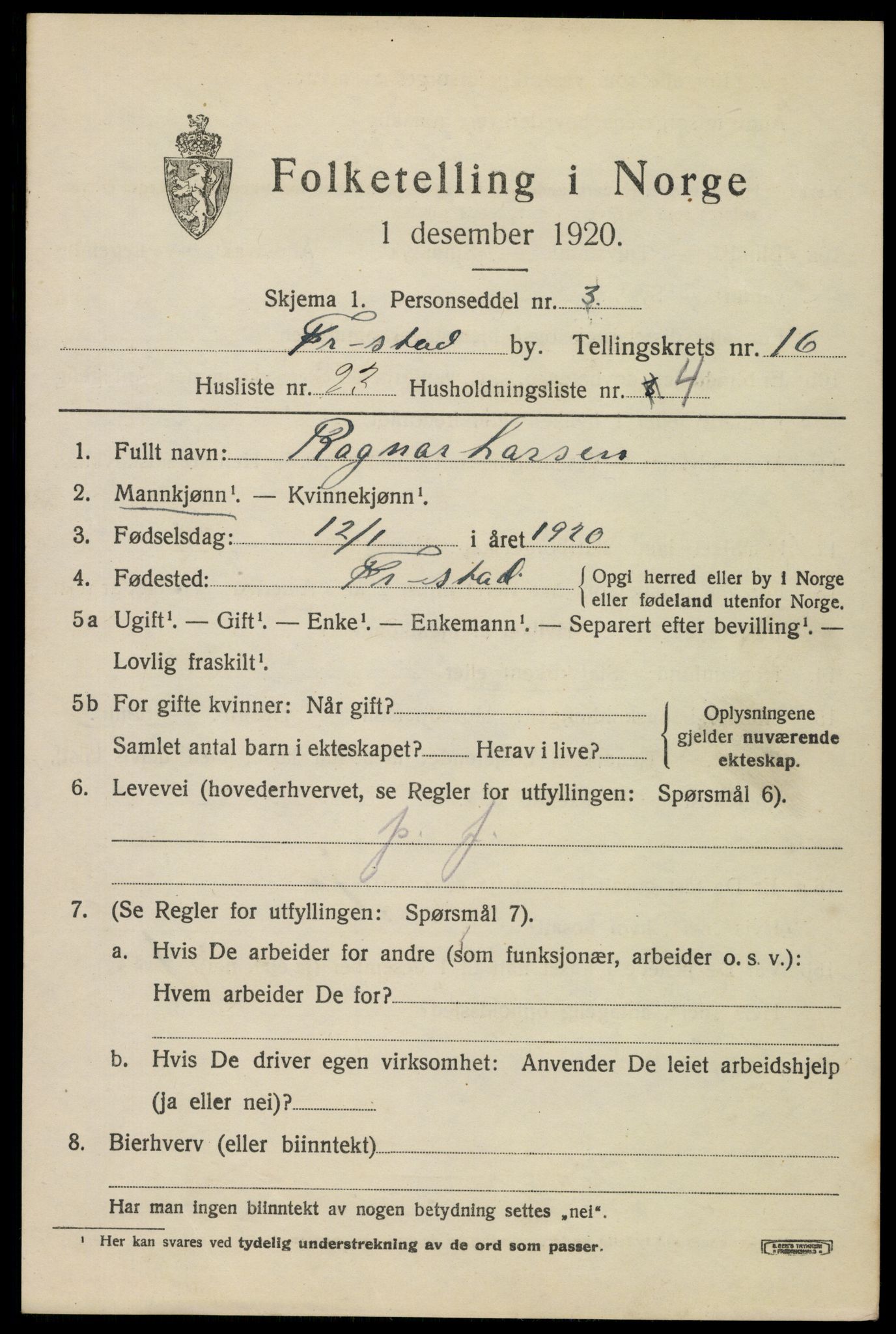 SAO, 1920 census for Fredrikstad, 1920, p. 37461