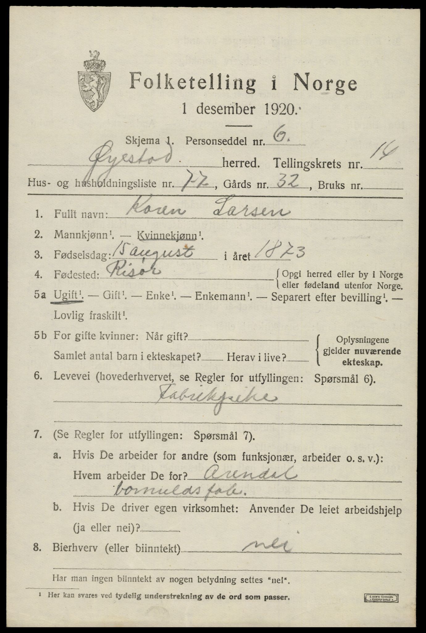 SAK, 1920 census for Øyestad, 1920, p. 10090