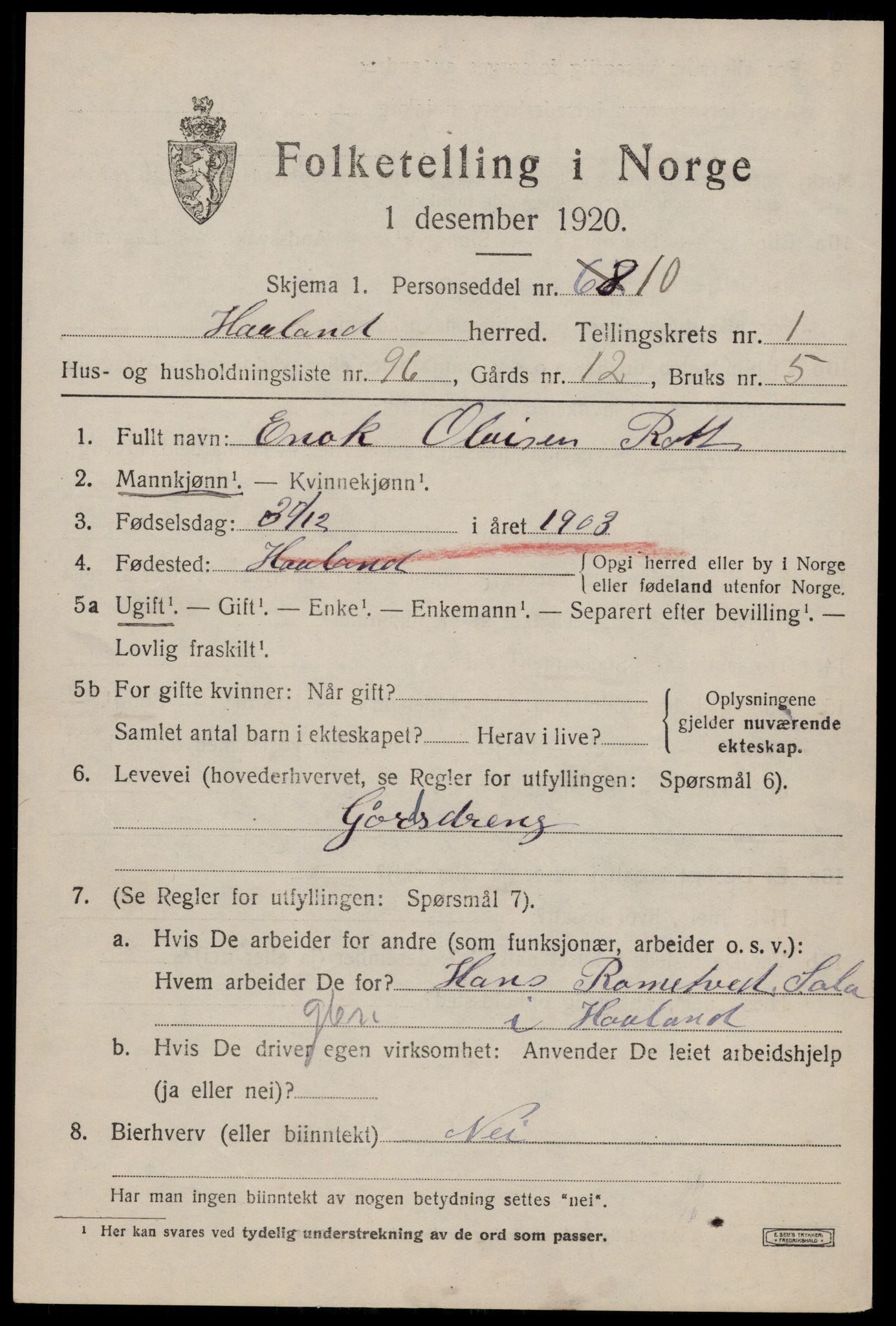 SAST, 1920 census for Håland, 1920, p. 2611