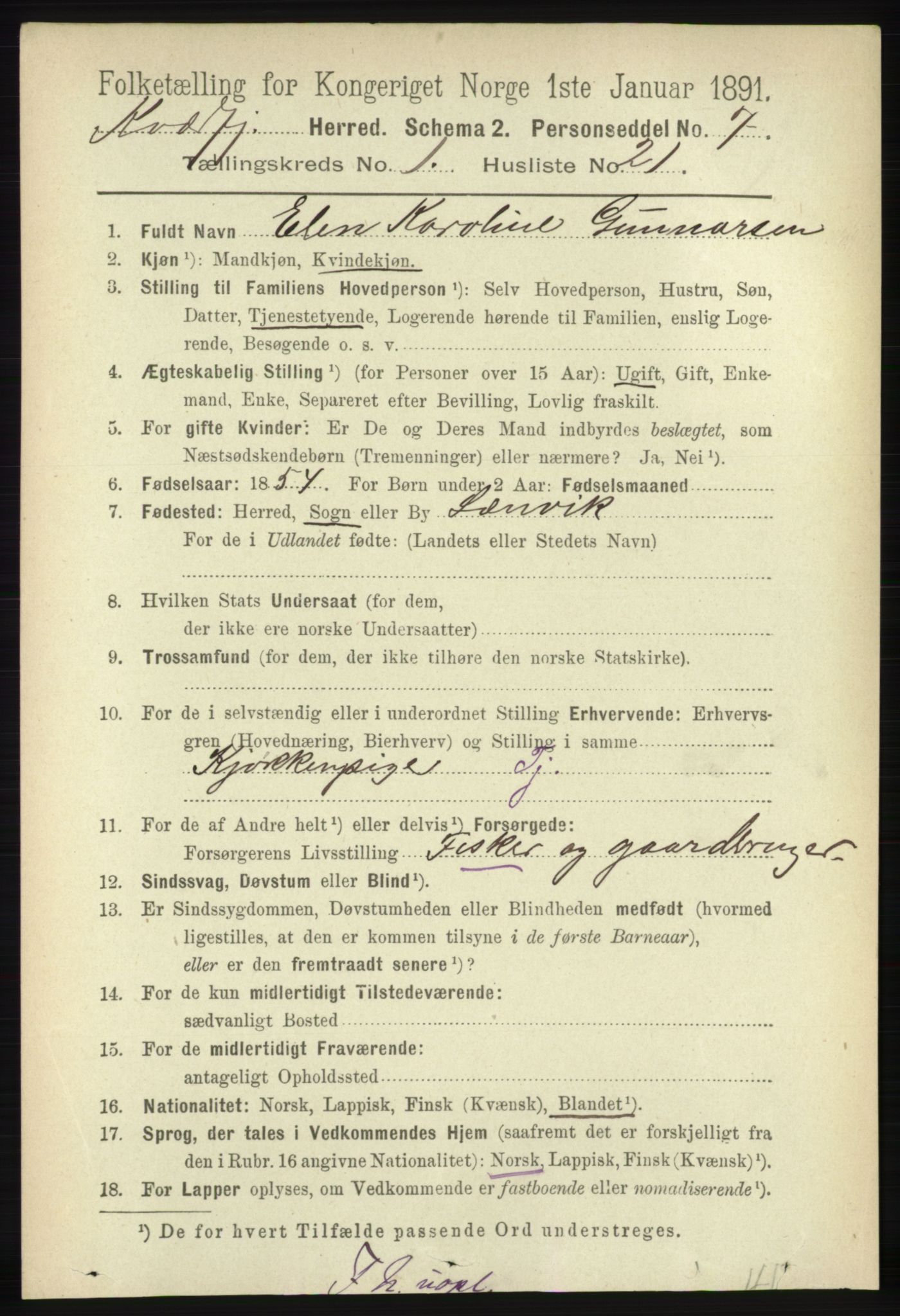 RA, 1891 census for 1911 Kvæfjord, 1891, p. 236