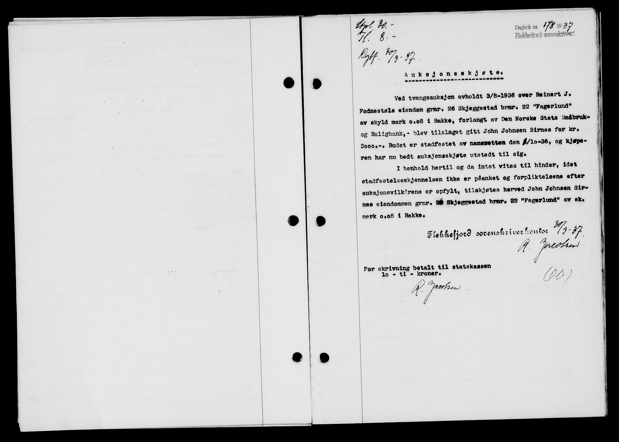 Flekkefjord sorenskriveri, SAK/1221-0001/G/Gb/Gba/L0053: Mortgage book no. A-1, 1936-1937, Diary no: : 178/1937