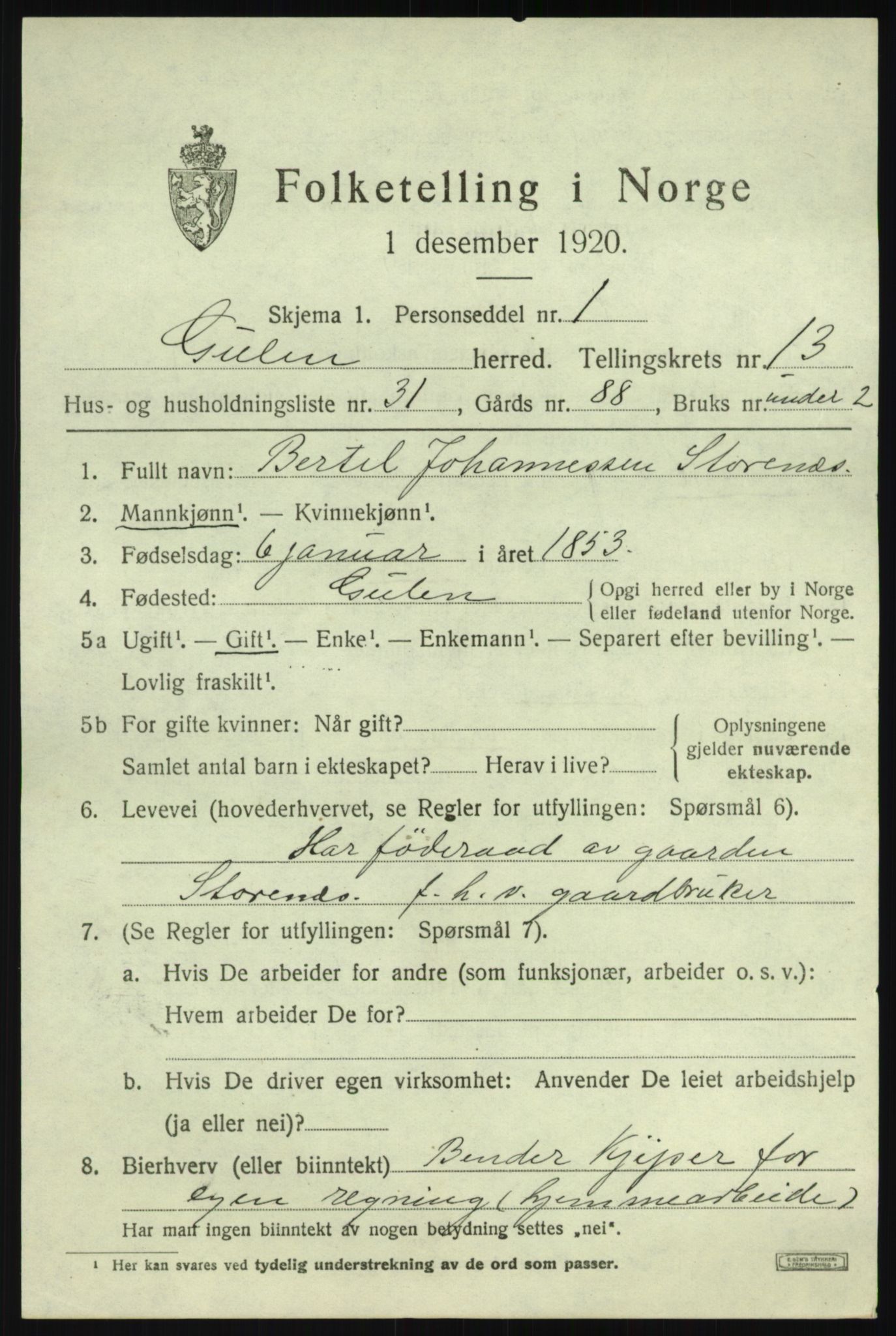 SAB, 1920 census for Gulen, 1920, p. 6191