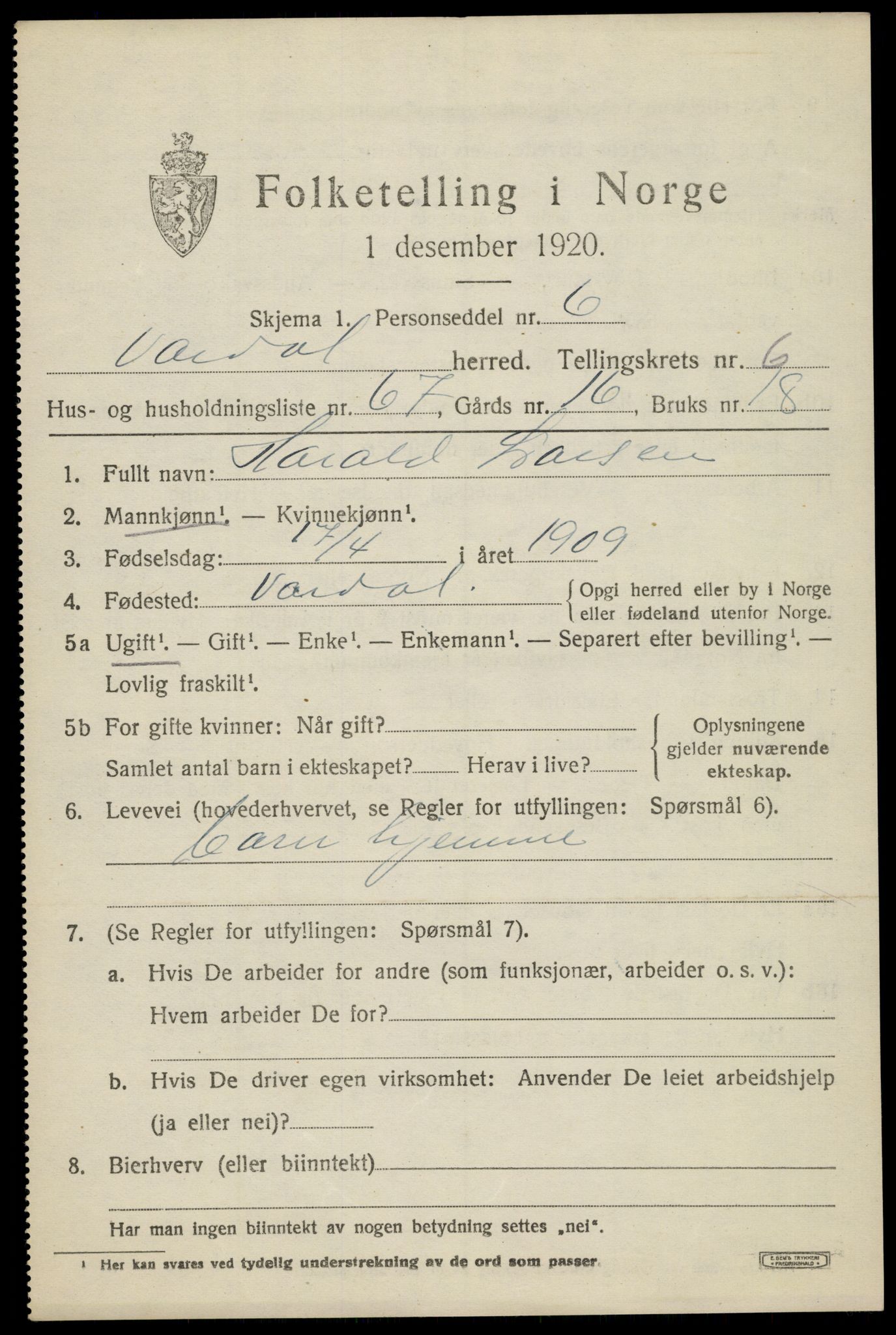 SAH, 1920 census for Vardal, 1920, p. 4647