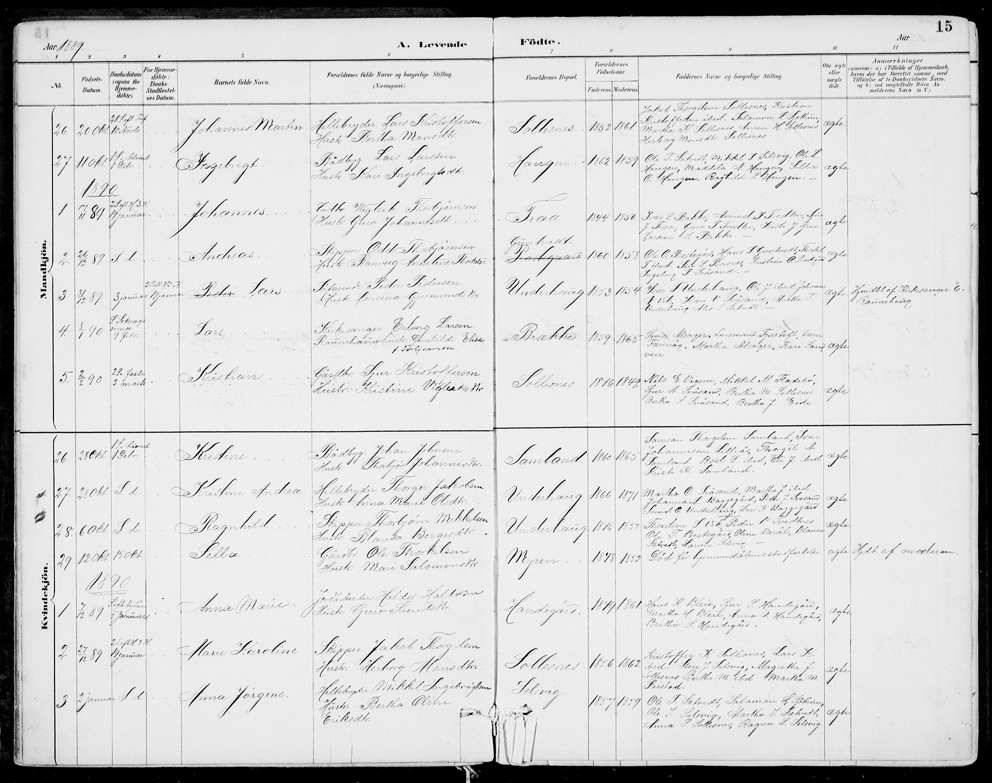Strandebarm sokneprestembete, AV/SAB-A-78401/H/Haa: Parish register (official) no. E  1, 1886-1908, p. 15